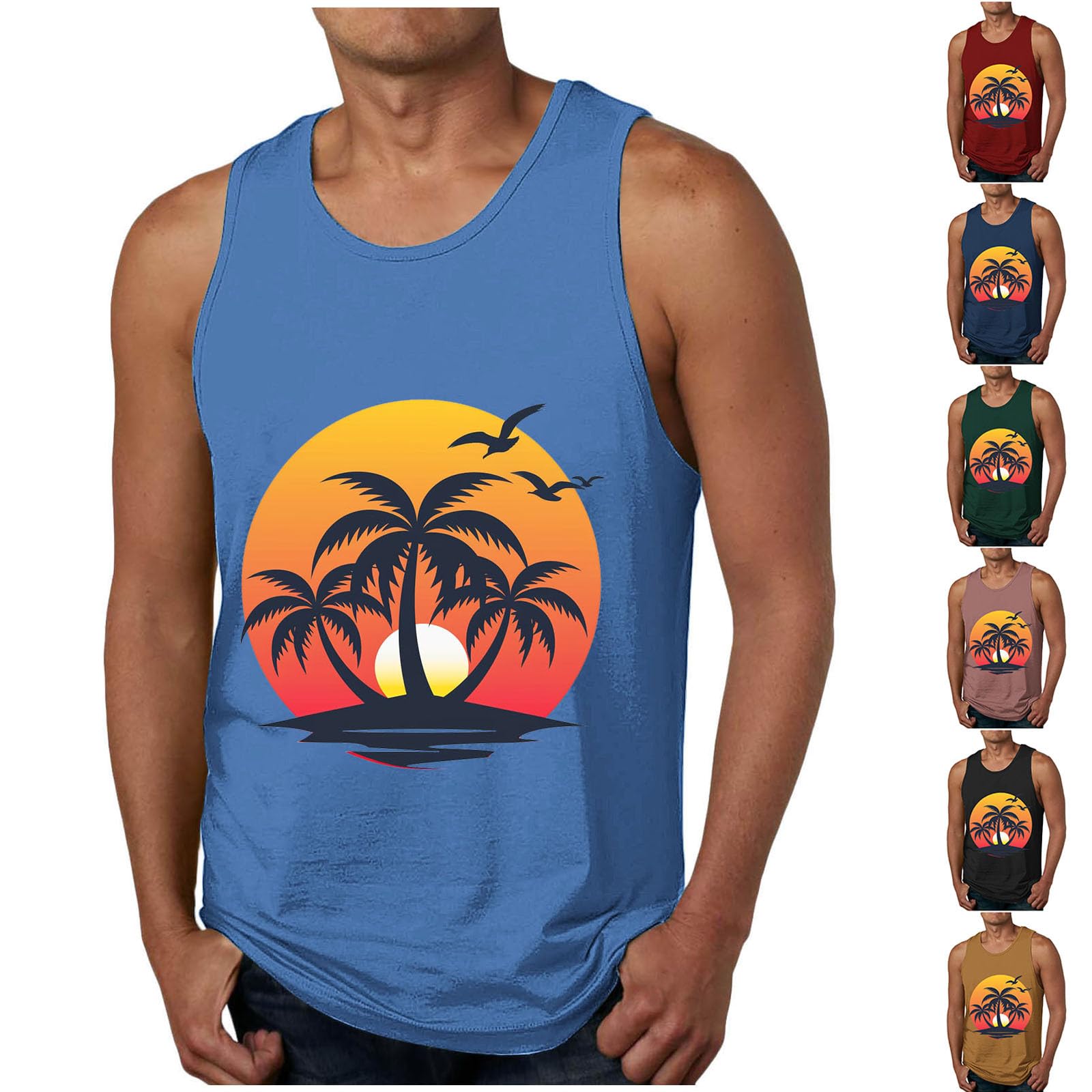Mens Summer Tank Tops UK Sale Clearance, Sleeveless T Shirts Hawaiian Printed Vests Round Neck Muscle Shirt, Beach Holiday Tanks Male Casual Loose Tees Running Top Lightweight Quick Drying Blouse