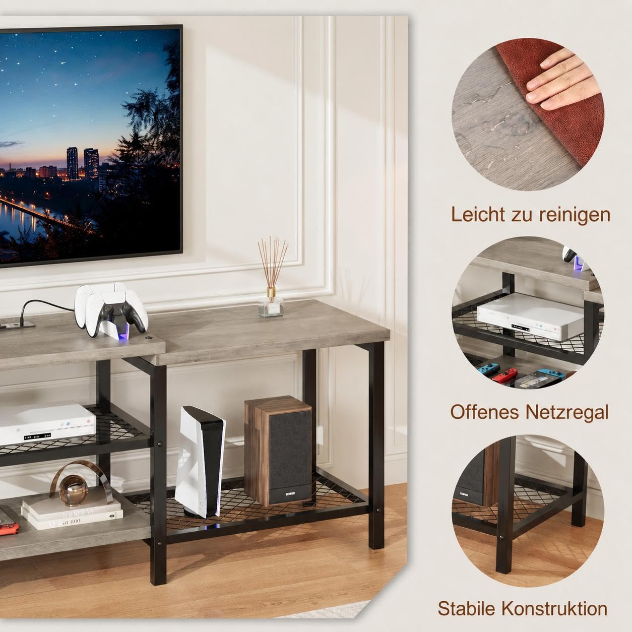 Garvee TV-Lowboard für Fernseher bis 75 Zoll – Modernes Medienmöbel mit LED-Beleuchtung, Steckdose – Offene Ablagen – Viel Stauraum als TV-Konsole oder Wohnzimmerschrank – Farbe: Grau