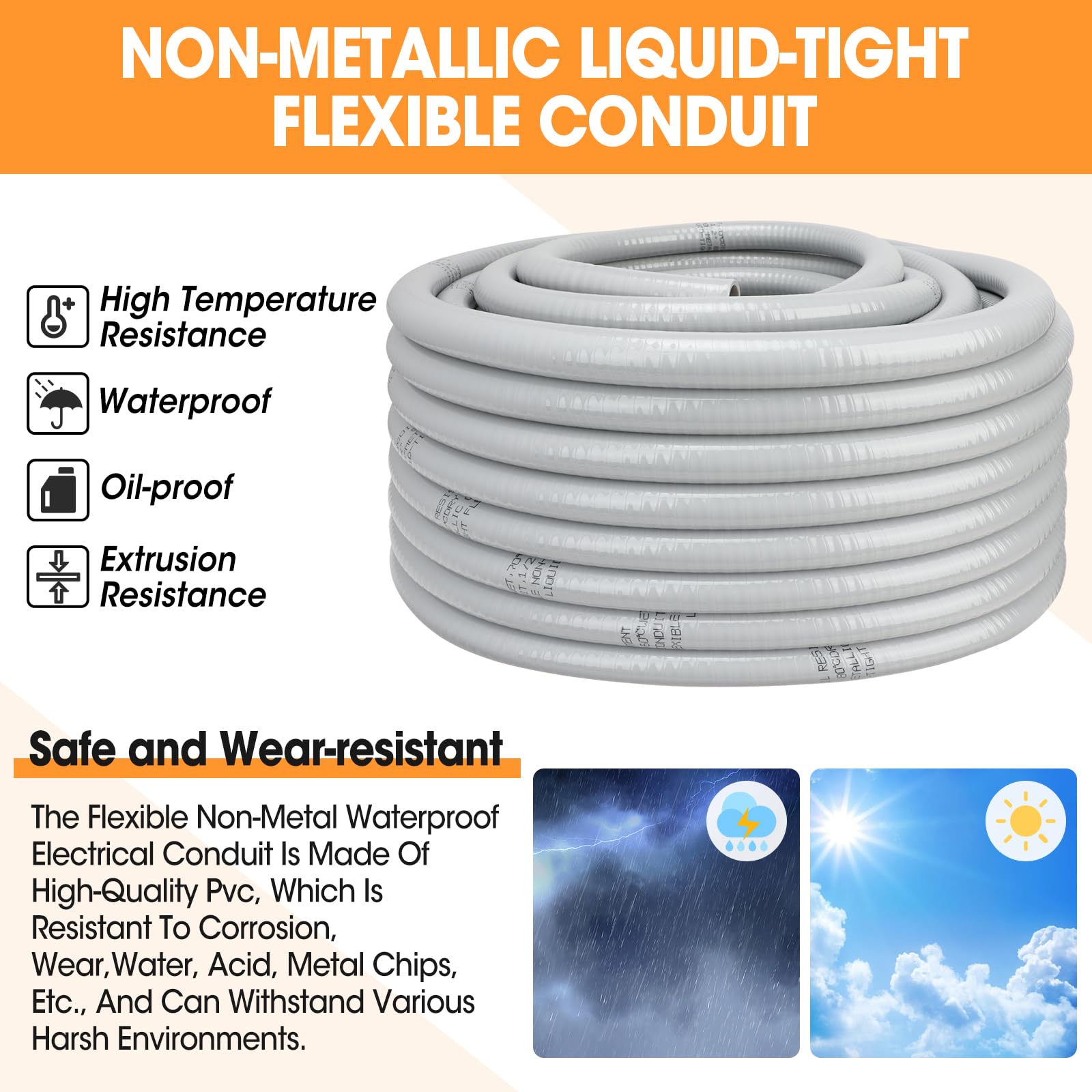 Flüssigkeitsdichter Schlauch, 30 m, 1,27 cm (1/2 Zoll) und Steckverbinder-Set, nicht-metallisch, flexibel, elektrisches Set mit 5 geraden und 3 Winkelverschraubungen im Lieferumfang enthalten