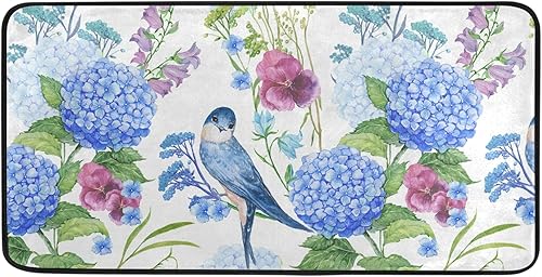 Alfombra de cocina de pájaro con hortensias azules, 39 x 20 pulgadas, antideslizante, lavable, para cocina, fregadero, entrada, alfombra de pasillo