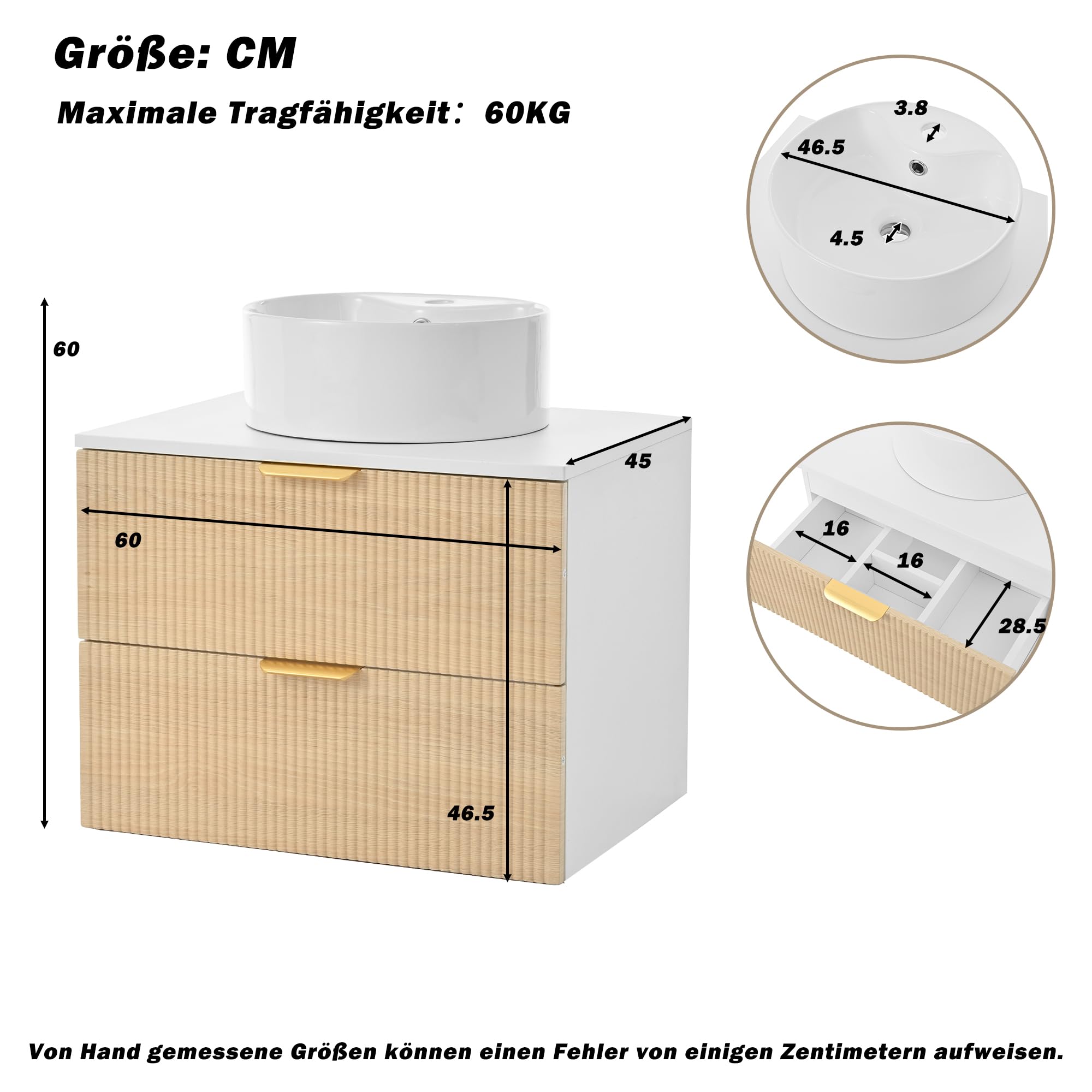 Mueble de baño redondo de cerámica de 60 cm montado en la pared con cajones de madera con diseño de rayas, tablero MDF, capacidad de almacenamiento: 2 cajones + encimera, madera natural