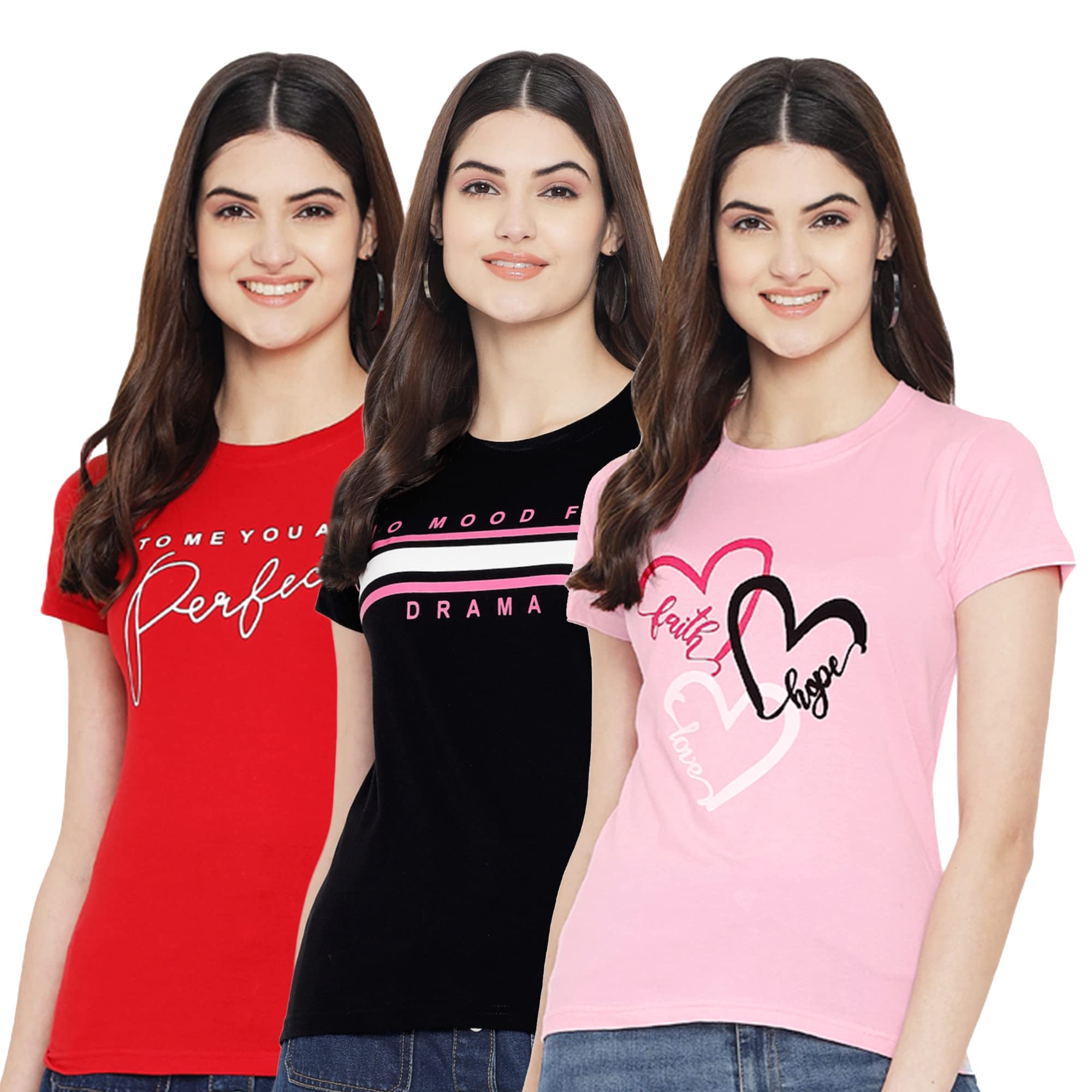 preneum Women's Cotton Regular Fit Latest Graphic Stylish Printed Short Sleeves Casual T-Shirt || Trends & Stylish (Pack 3), Baby Pink, M-picture-42