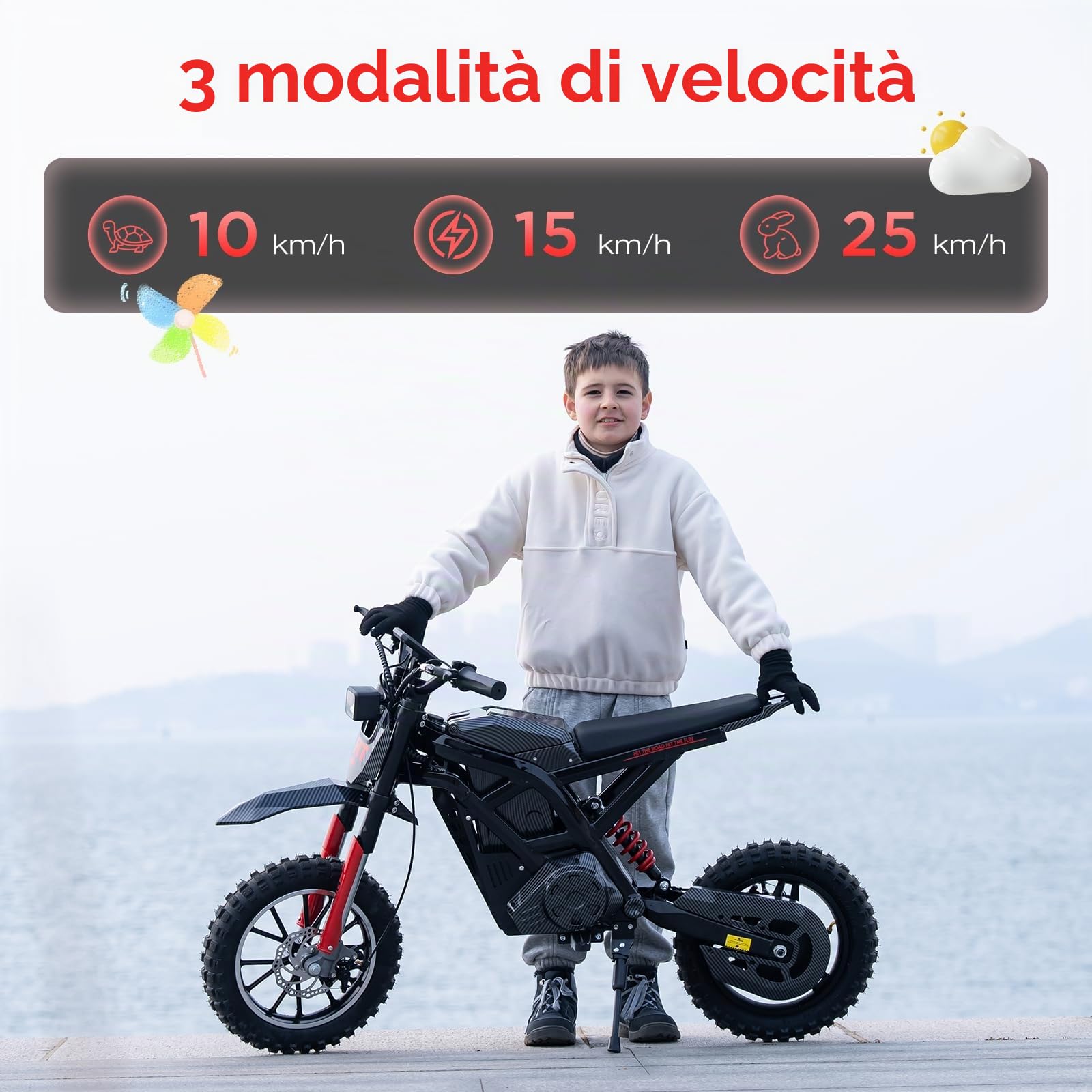 HITWAY Moto Cross elettrico bambino 14" – Motore 400 W, Batteria 36 V 10,4 Ah, 3 velocità (10/15/25 km/h), Autonomia 30-45 km, Doppia sospensione, Pneumatici per tutto il terreno, da 8 anni