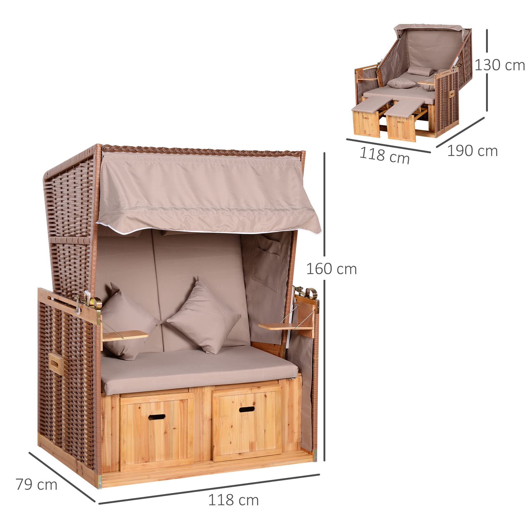 Outsunny Corbeille de Plage 2 Places - Cabine Chaise de Plage inclinable - abri Plage strandkorb - Coussins, Repose-Pieds, tablettes, Pare-Soleil - Bois résine tressée Polyester Taupe