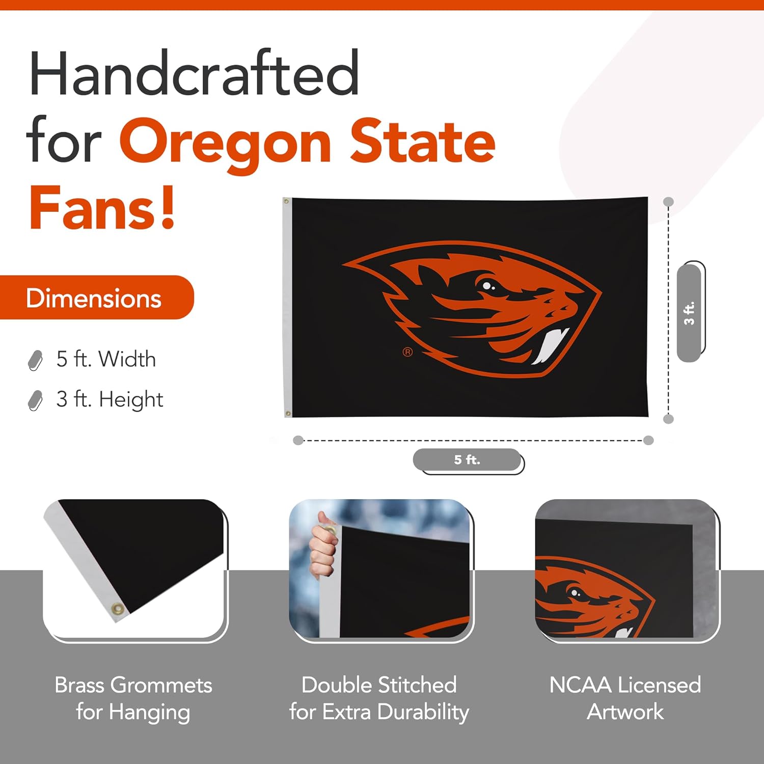 Oregon State Beavers College Sports Printed Flag - NCAA Licensed (Black, Orange, 3' x 5') - Image 2
