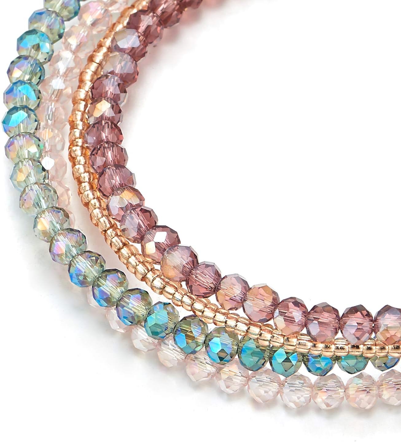 COOLSTEELANDBEYOND Multi-Wrap Stackable Beaded Wire Bracelets Champagne Gold Beads with Pale Blue Purple Pink Crystal