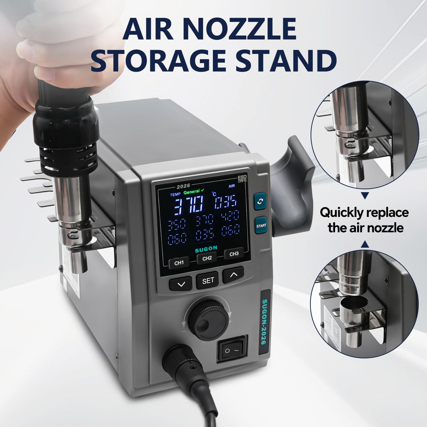 SUGON 2026 Stazione di rilavorazione ad aria calda 700 W, modalità di riscaldamento standard/curva, 4 ugelli d'aria, 3 memoria di memorizzazione, modalità sleep, ℃/℉, 202 ° C-1222 °F, stazione ad aria
