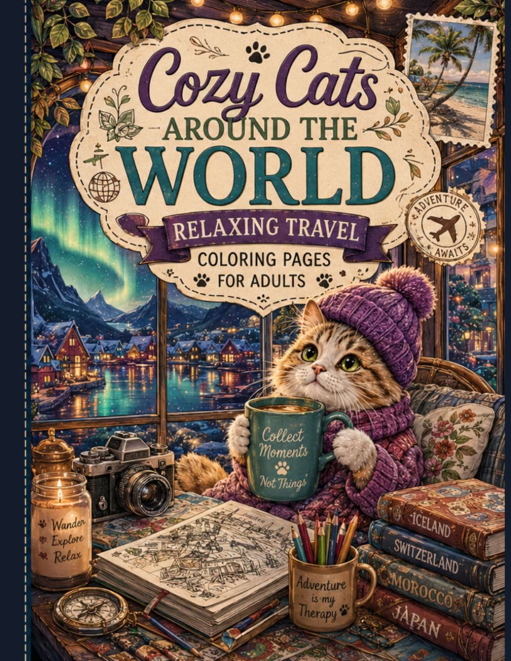 Cozy Cats Around the World: Relaxing Travel Coloring Pages for Adults