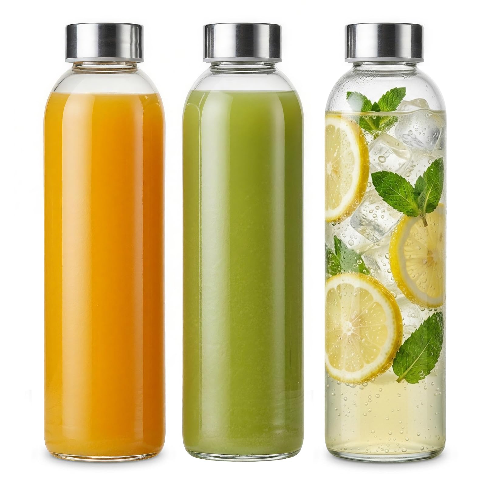 Bayseun Glass Water Bottle 750ML - 3 Pack Empty Glass Bottles with Lids - Leak Proof, Airtight, Wide Mouth, Stainless Steel Lids, Reusable Drinking Bottles for Juice, Milk, Water, Smoothies & Storage