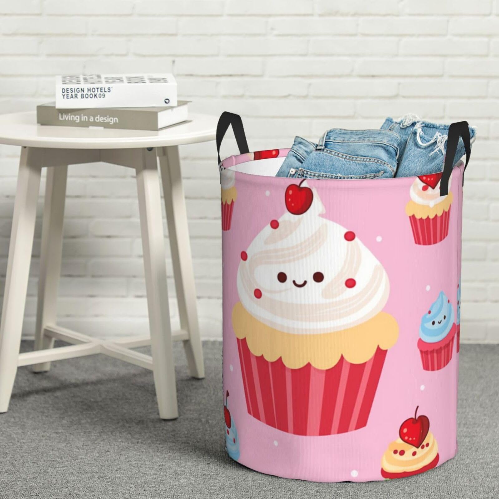 Fodpand Black Cute Cupcake Laundry Basket With Handle, Freestanding Laundry Hamper, Collapsible Dirty Clothes Hamper, Waterproof Fabric Blanket Storage Basket Tall Toy Storage Bin Room Decor Medium
