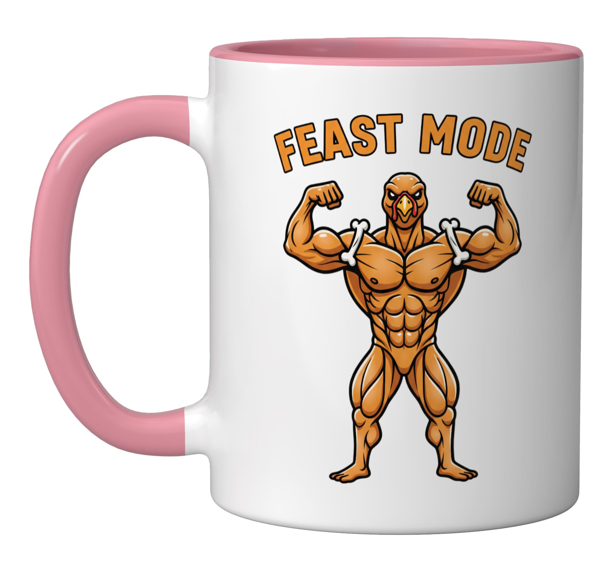 Feast Mode Turkey Muscle Design - Funny Thanksgiving &Turkey Ceramic Mug, Pink/White Pink/White 11 Ounces