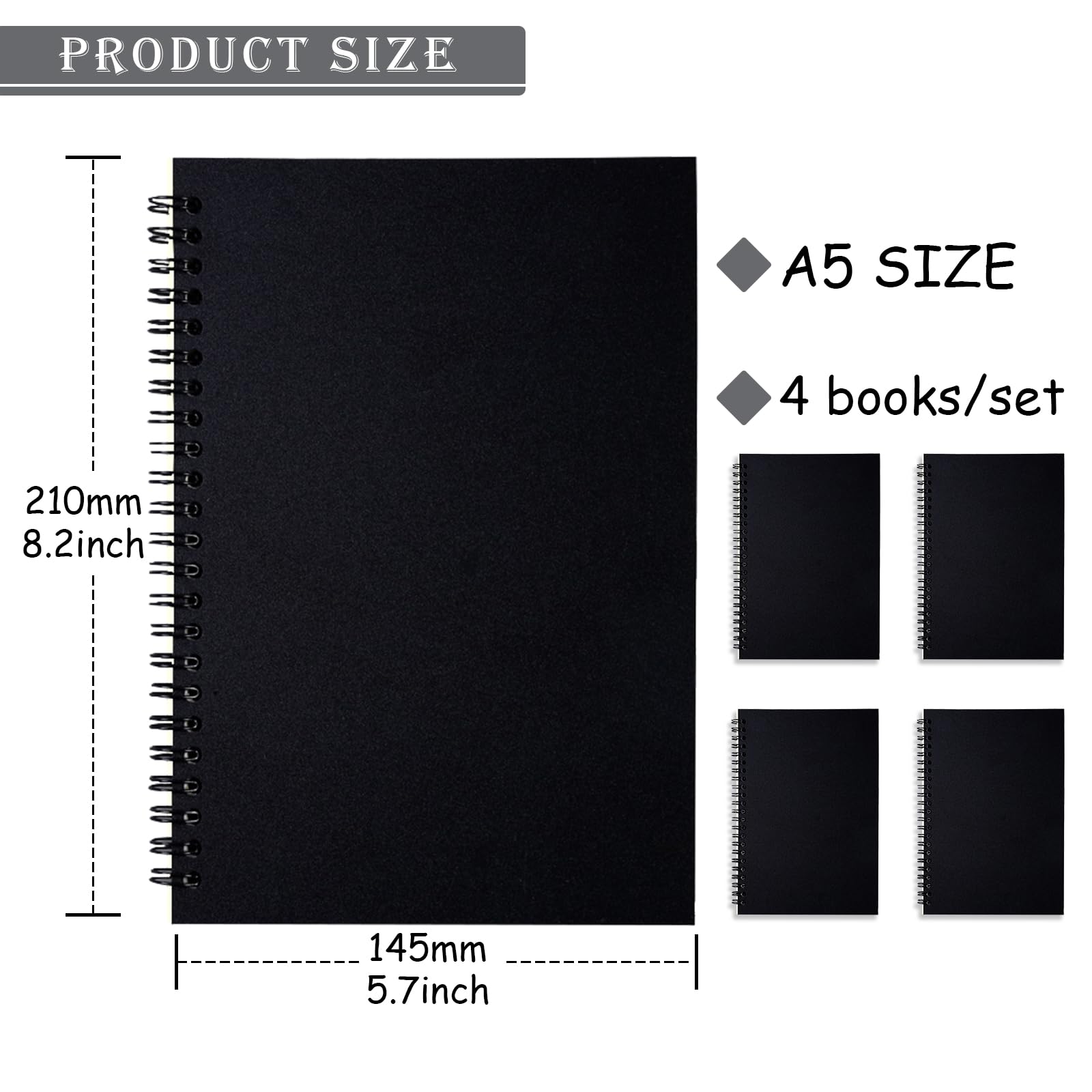 GOOKALA A5 Spiral Lined Notepad,4 Pack Spiral Notebook Wirebound Notebooks 80 Sheets(160 Pages)/Per Pack A5 Sketch Book Reporters Notepad for Office Travel School Drawing Black - Image 2