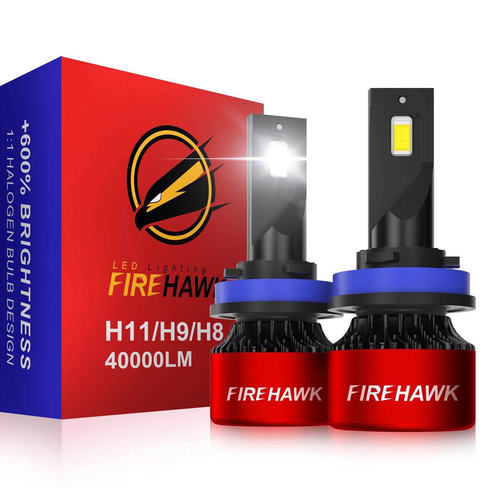 Firehawk H11/H8/H9/H16 LED Headlight Bulbs 40000LM 600% Brighter 6000K Cool White IP68 Waterproof Plug and Play Halogen Replacement Conversion Kit 2026 New, Pack of 2