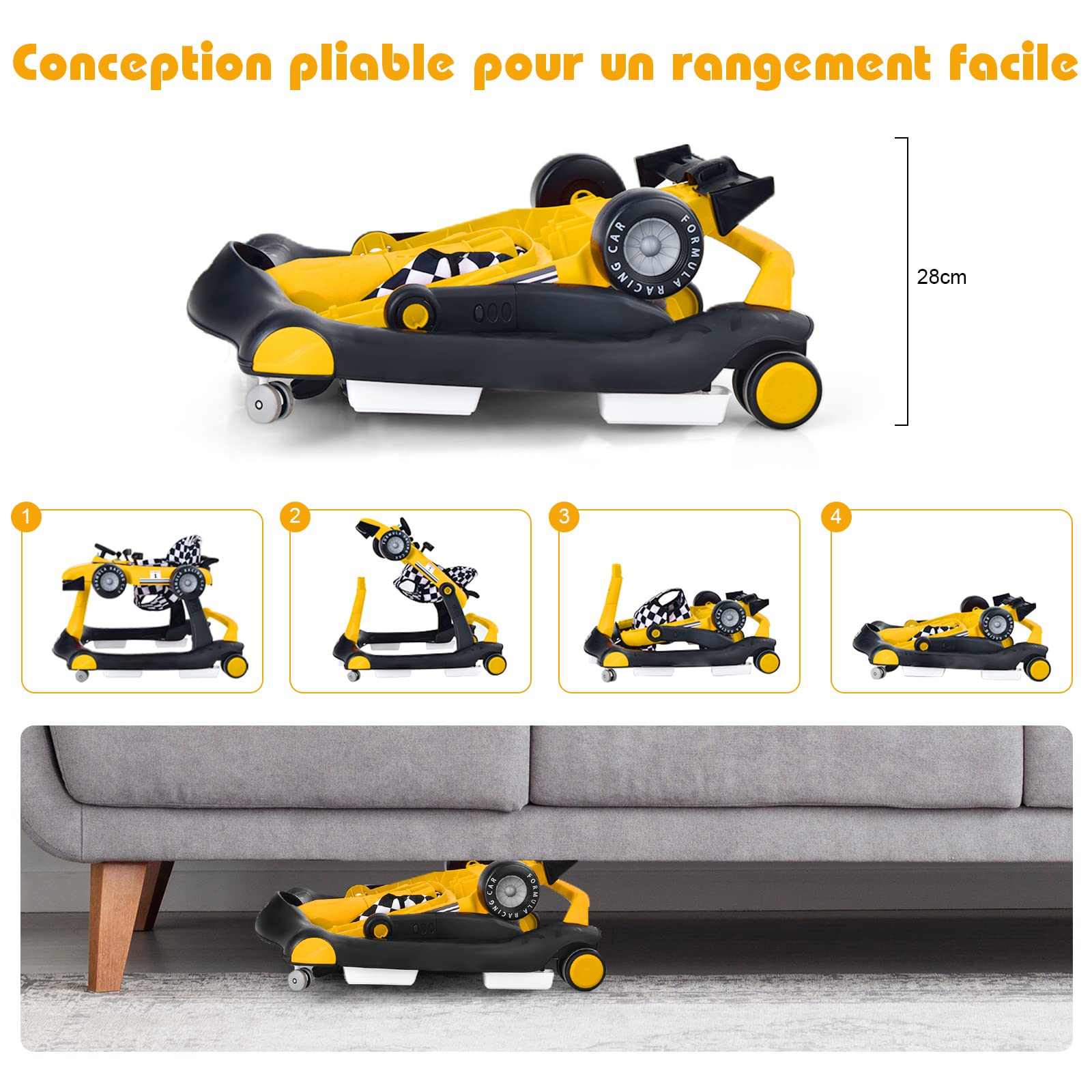 GOPLUS Trotteur Bébé Évolutif 4 en 1 Garçon Fille 6-18 Mois, Charge Max 12 KG, Trotteur Bebe Marche Pliable, Musique et Lumière, Hauteur Réglable en 3 Positions (Jaune)