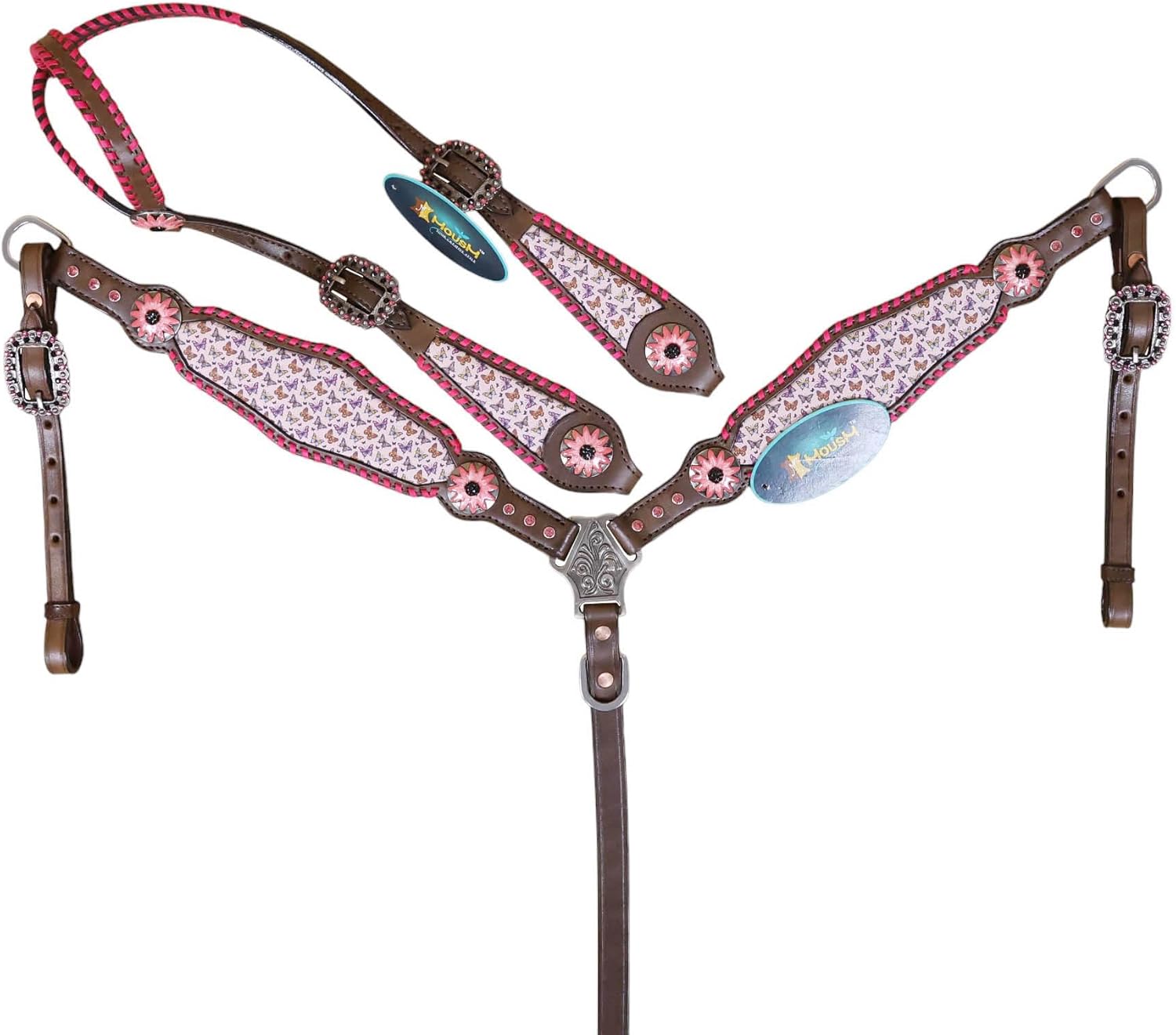 Western Leather Headstall Tack Set with Red-Pink Butterfly Printed Cowhide Inlay, Pink Buck Stitching, and Conchos