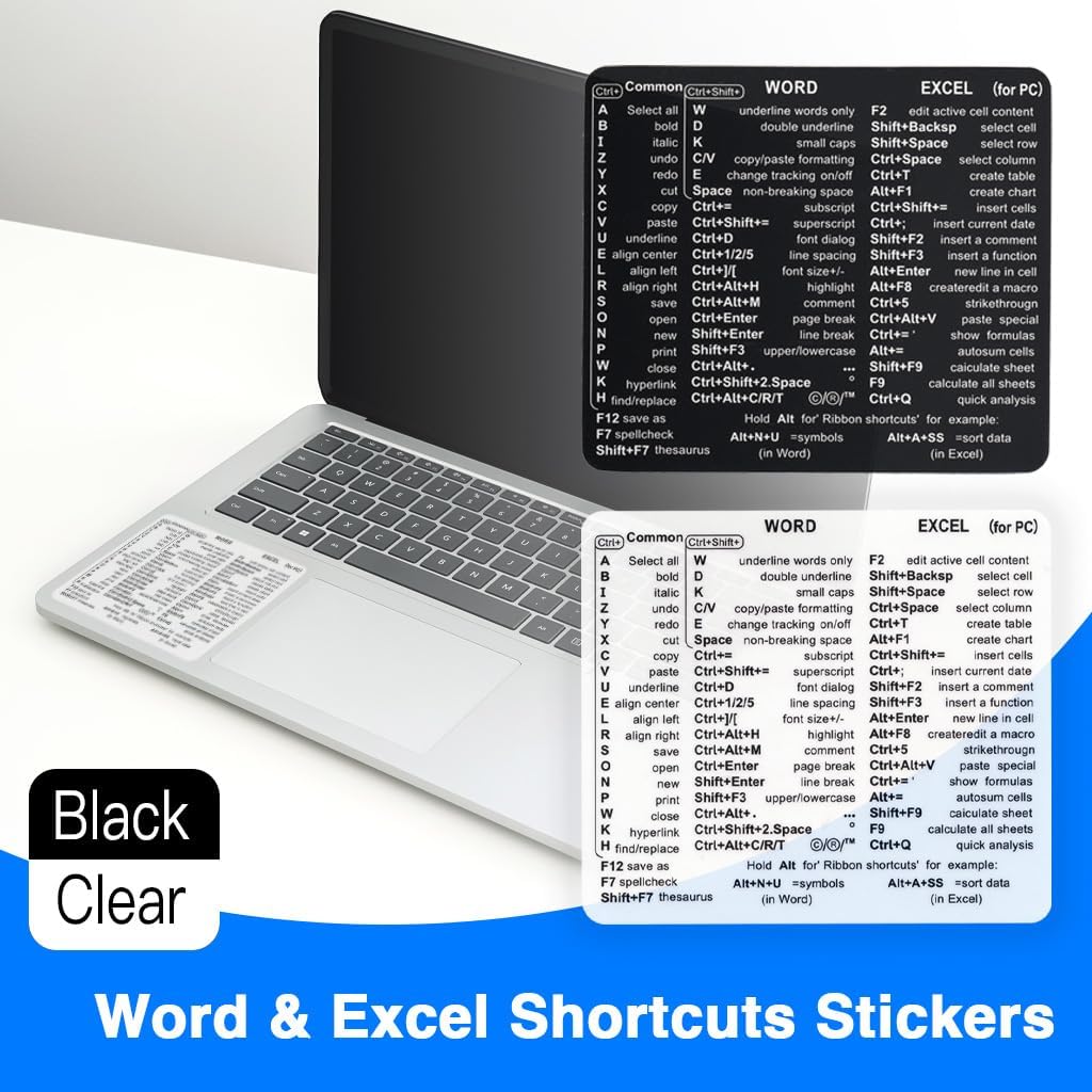 Word & Excel Shortcut Stickers for Keyboard – Microsoft Office Hotkey Labels, Laptop & Desktop Keyboard Shortcuts, Compatible with Windows & Mac, Study & Work Productivity Reference Guide (20, Clear)