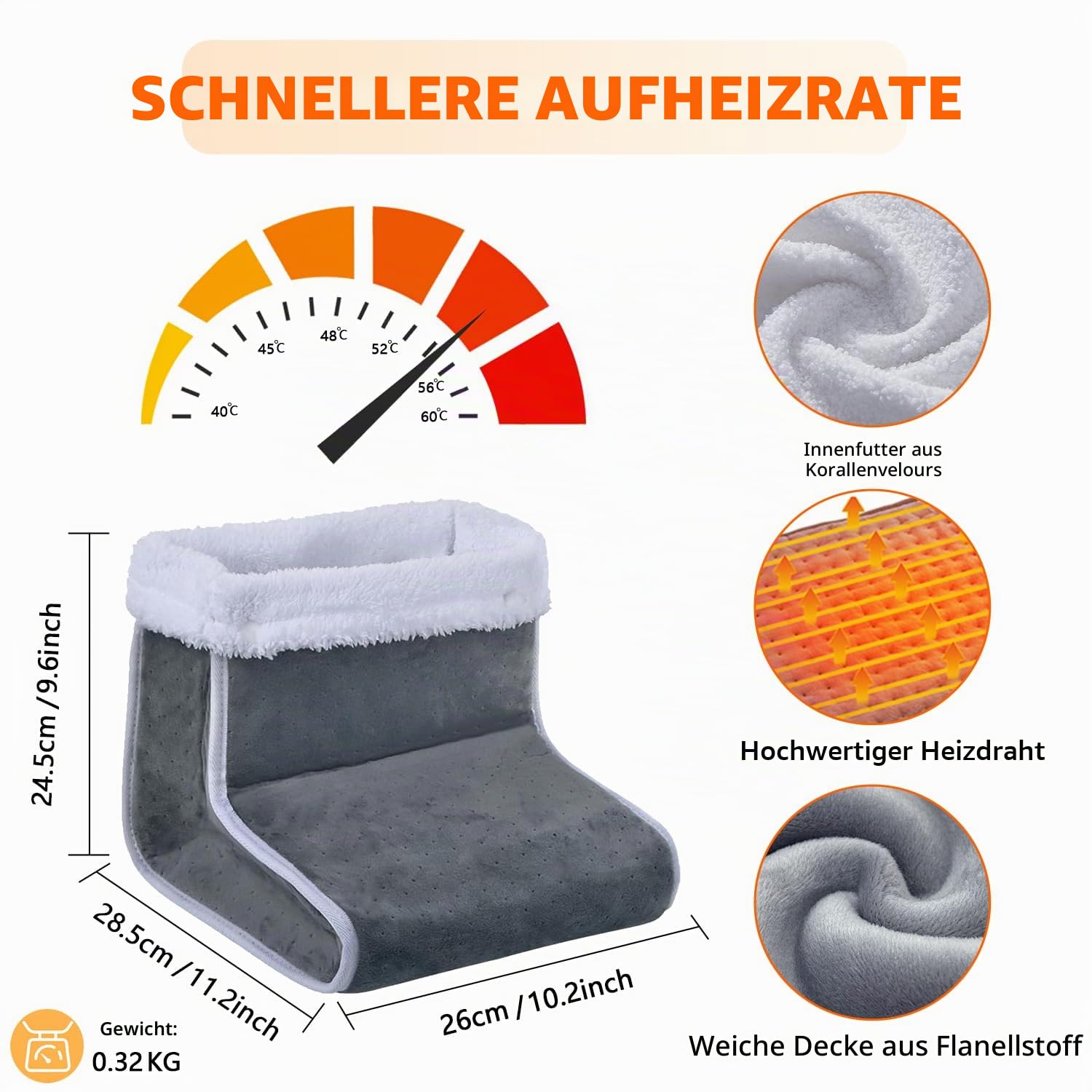 Elektrischer Fußwärmer mit 6 Temperaturstufen und 4 Timerstufen, Flauschiger Flanellstoff, Abschaltautomatik sowie Überhitzungsschutz, Perfekt für Winter, Zuhause und Büro bei kaltem Wetter