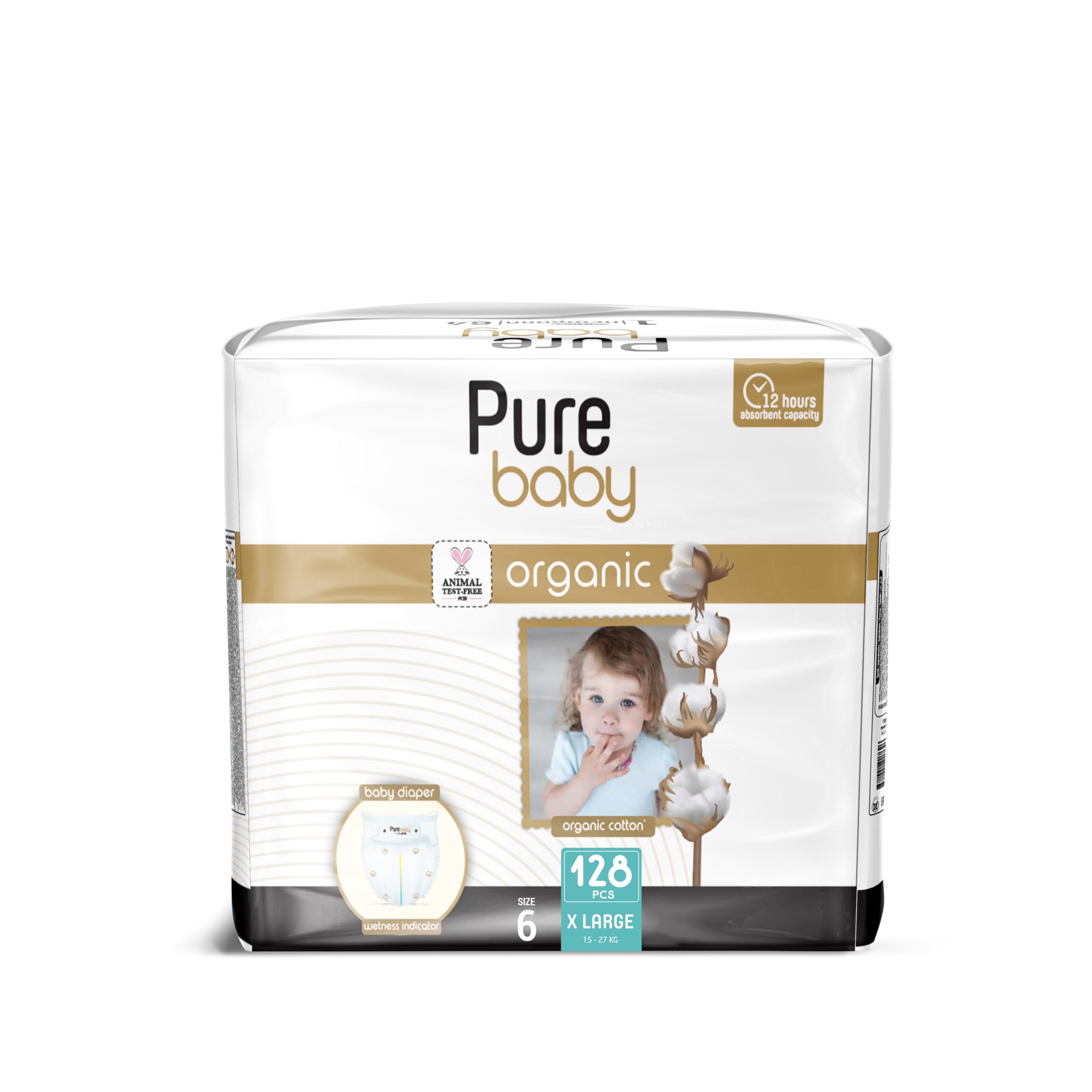 PURE BABYDiapers with Organic Cotton Core Size 6 (16+ kg) 128 Count
