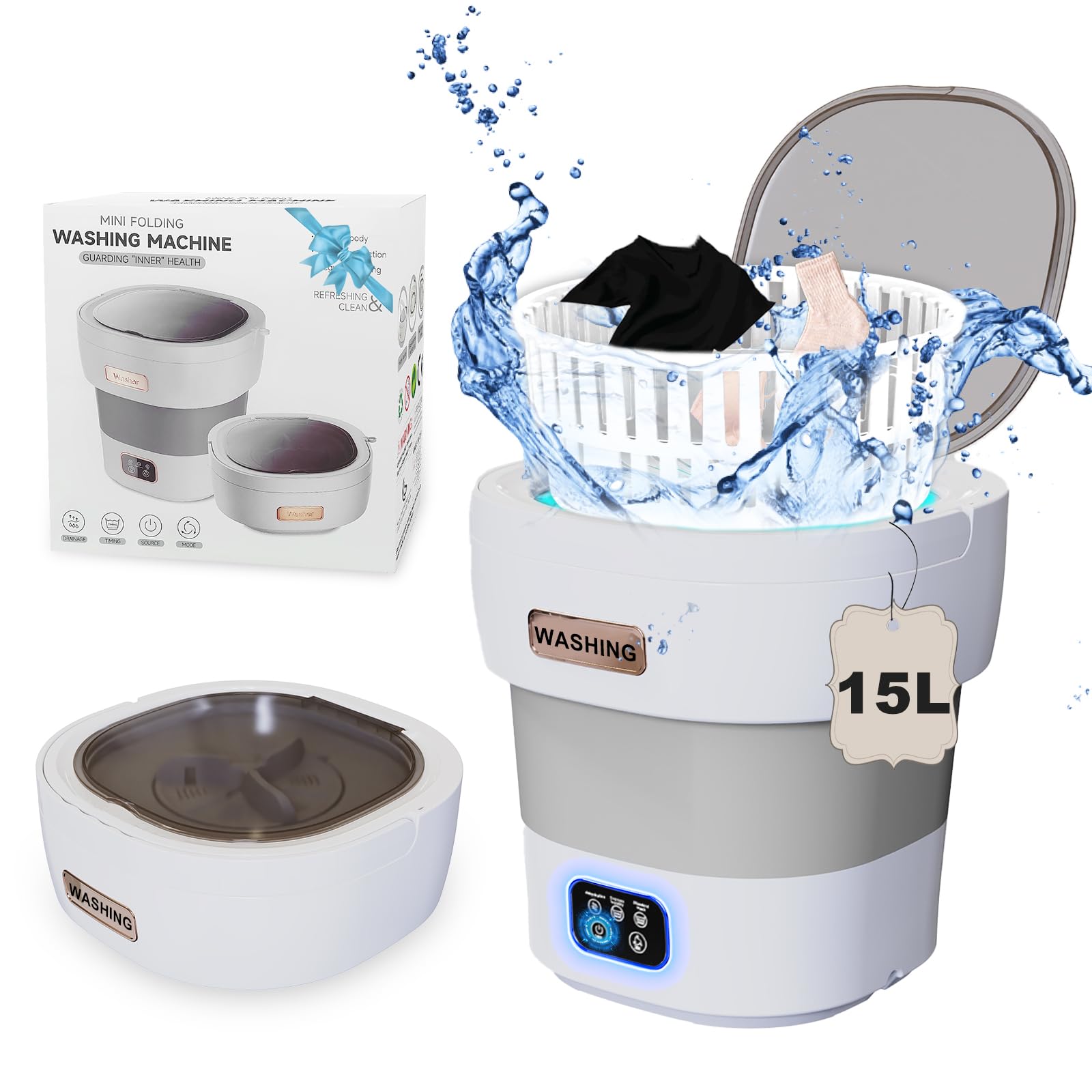 Portable Mini Washing Machine, 16L Foldable Washer Machine and Dryer 2 in 1, Small Underwear Washing Machine with Spin, Foldable Washer for Apartments, Camping, Travel (Grey)