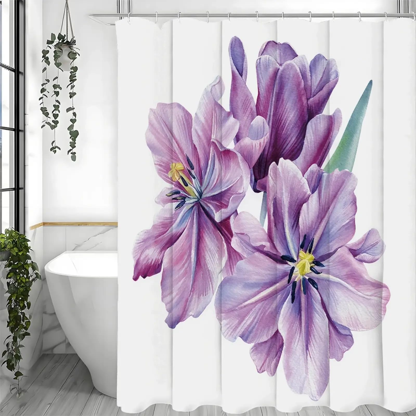 Tenda da doccia con motivo floreale ad acquerello viola, divisorio decorativo per vasca da bagno, tessuto in poliestere impermeabile con ganci 280x200 cm/110x79 pollici (LxA) Blu