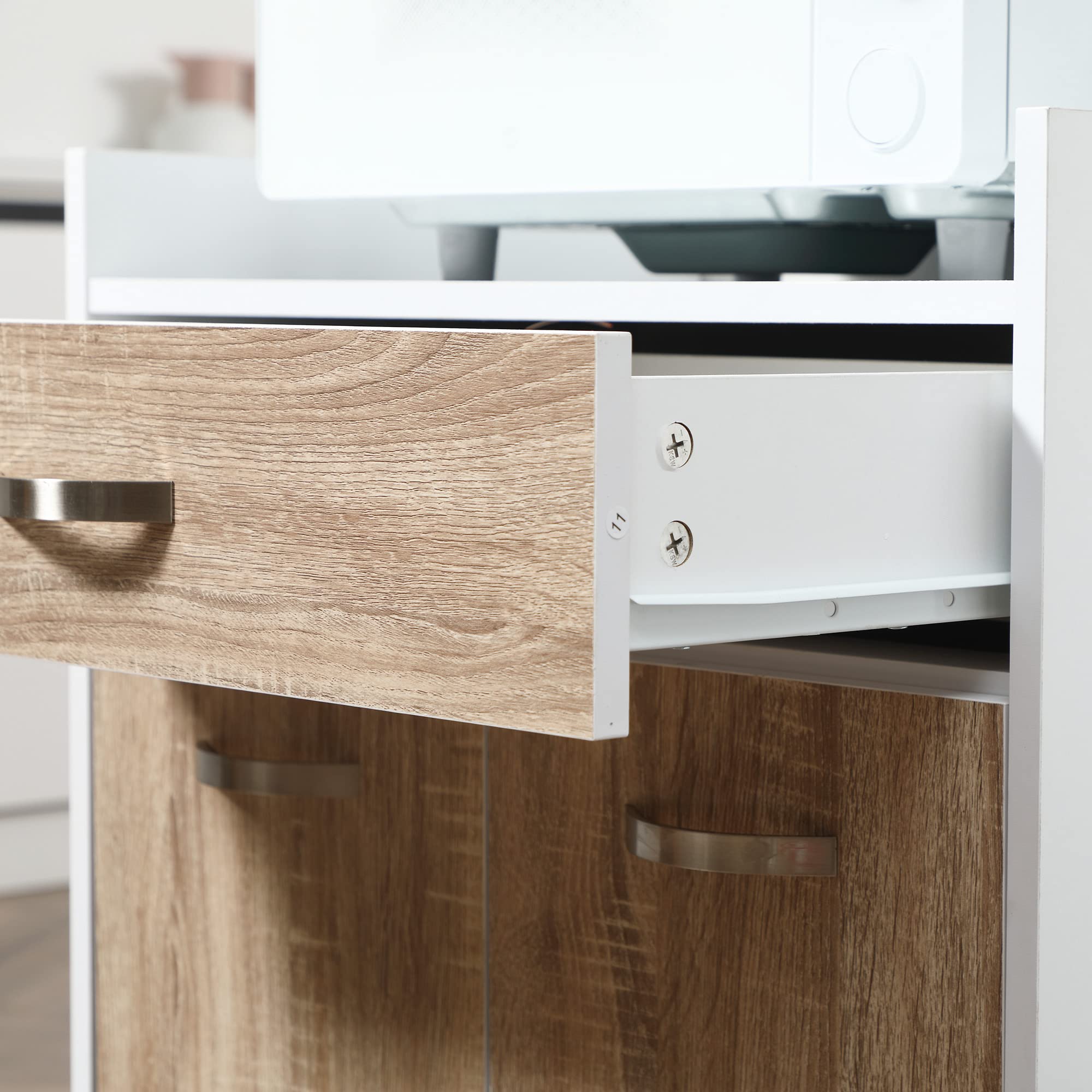 HOMCOM Carro de servicio con ruedas Cajón Armario Madera Blanco Roble Claro | Postre de cocina, 2 puertas