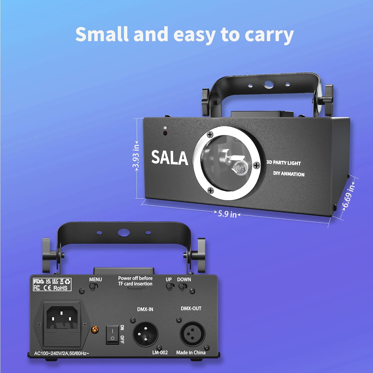 Bag view of SALA LM-002 DJ Laser Light showing power input, DMX ports, and control buttons