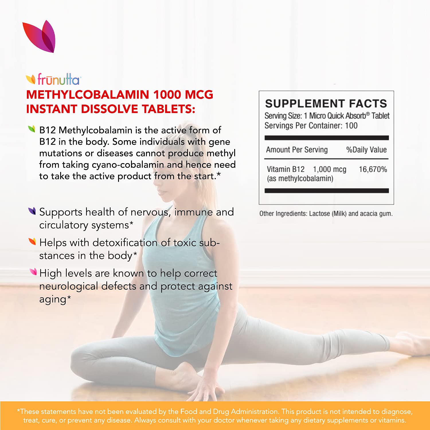 Frunutta Vitamin B12 Methylcobalamin Under The Tongue Instant Dissolve Tablets 1000 mcg x 100