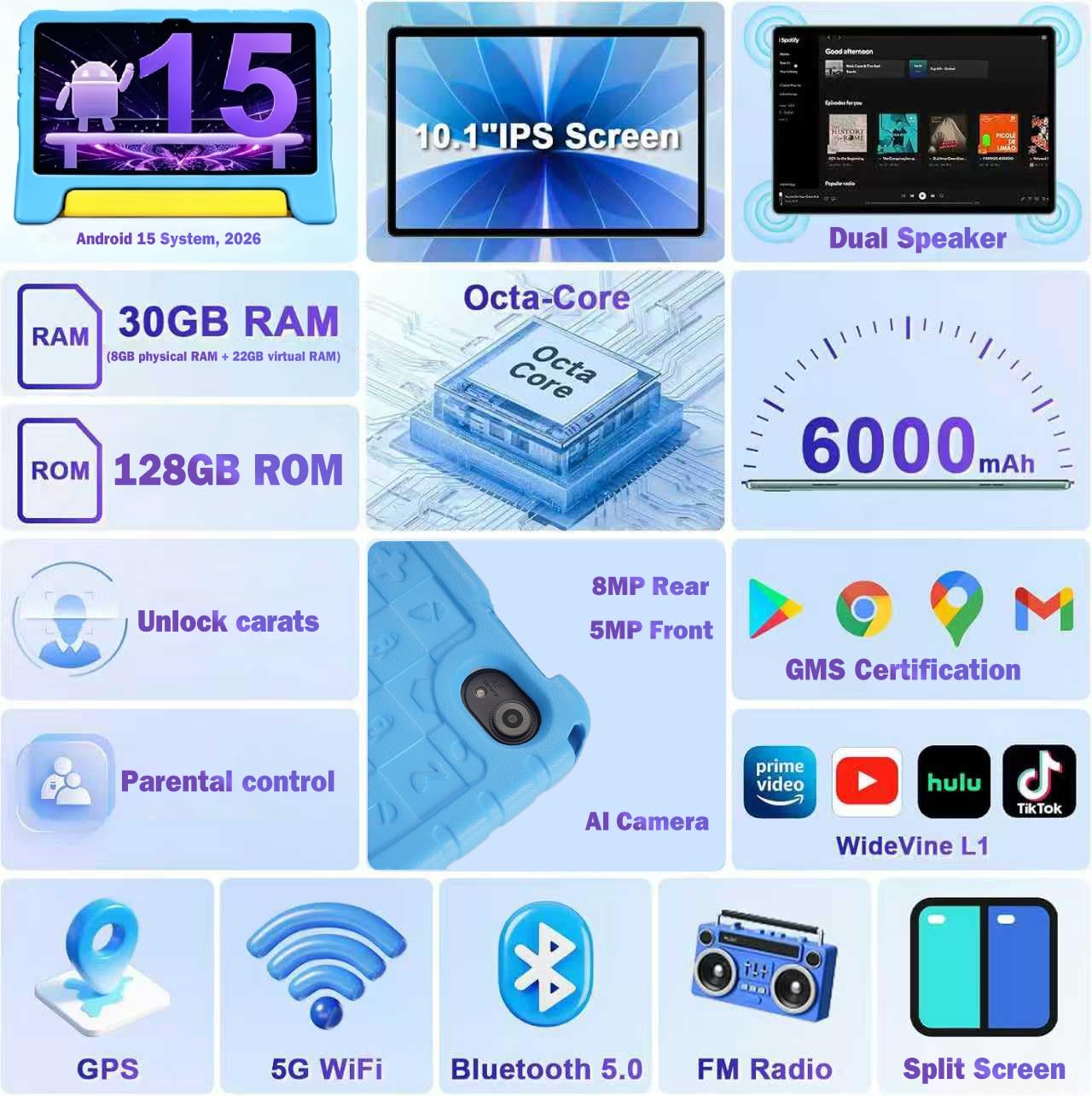 SUMTAB Tablet Bambini 10 Pollici, Android 15 Tablet Educativo con Processore Octa-Core per Gaming, 30GB RAM 128GB ROM Espandibile TF 2TB, 5G e WiFi 6, Penna Stilo Inclusa e Custodia Antiurto Blu