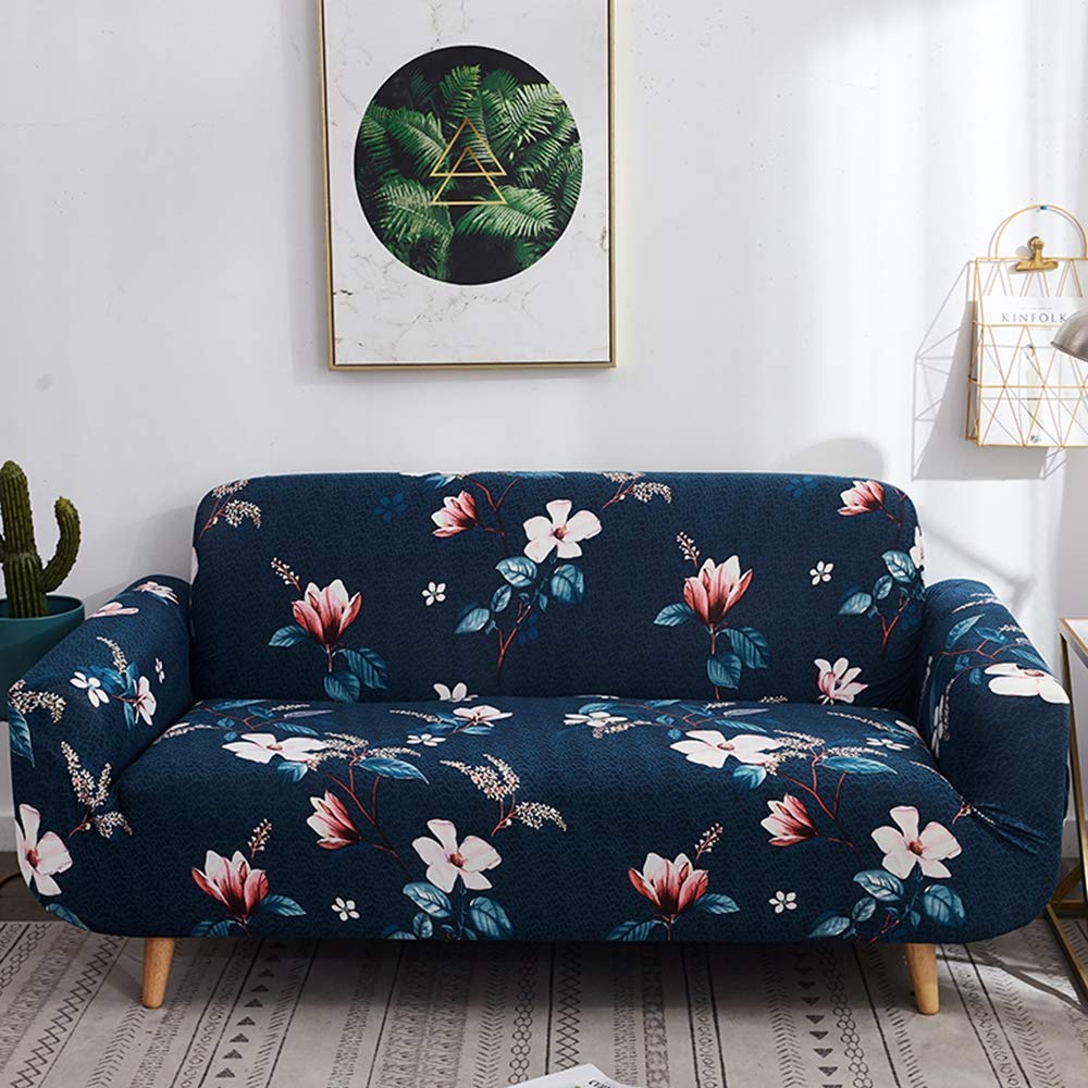 House of Quirk Universal Sofa Cover Big Elasticity Cover for Couch Flexible Stretch Sofa Slipcover Floral Prints (Triple Seater, 185230cm Dark Blue Lotus)