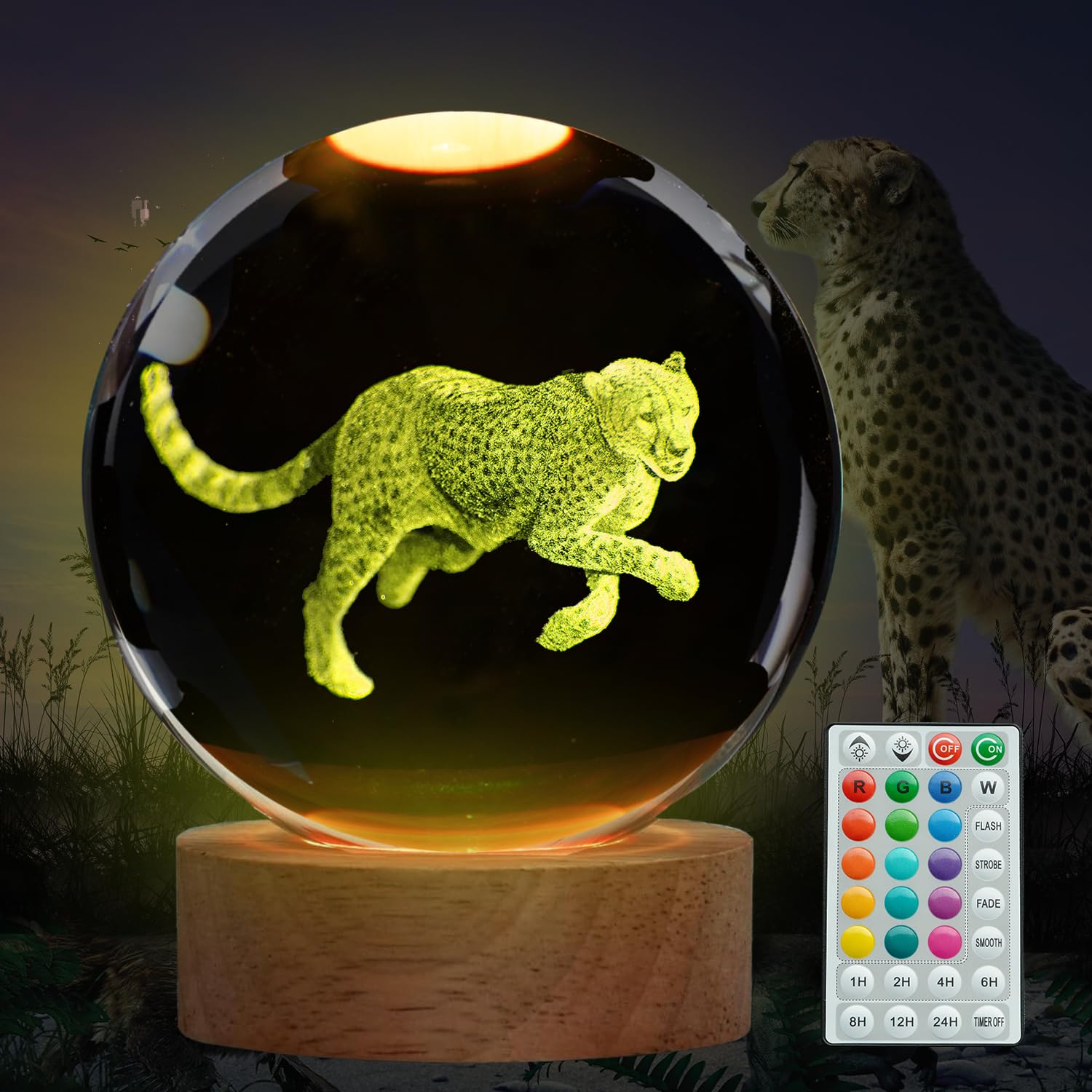 POSSHE Cheetah Night Light, Cheetah Gifts, 3D (80mm) K9 Crystal Ball with Remote Control, 16 Colors, 4 Flashing Modes, Timer, Dimmable, Crystal Gifts Stuff for Holiday Birthday Christmas