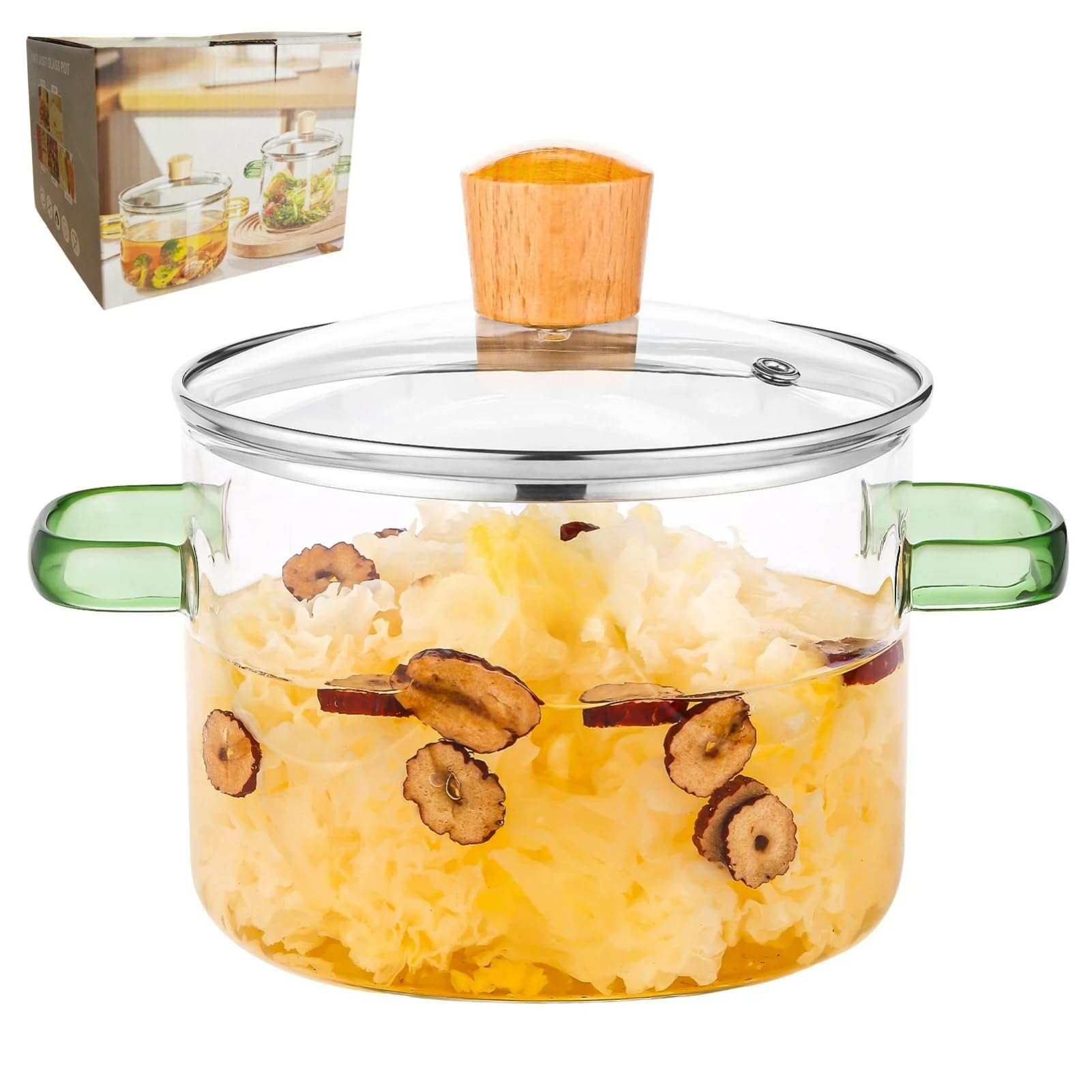 XCTFWKzK 2 L Glass Cooking Pot with Green Handle