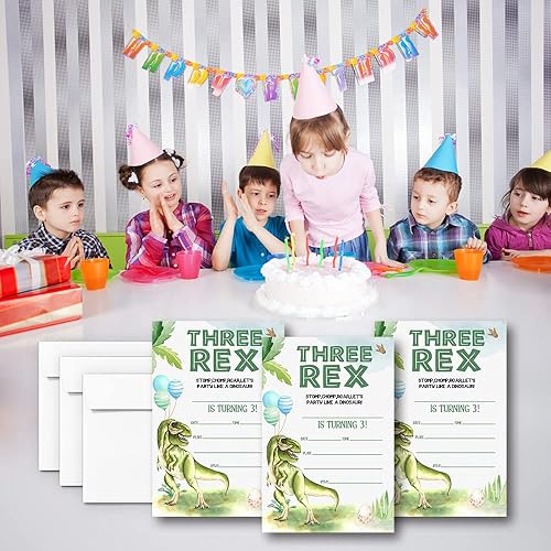Miniatura 5 de Fiesta de cumpleaños de Three Rex, invitaciones de fiesta de tercer cumpleaños de dinosaurio jurásico verde, invitación a fiesta de cumpleaños de