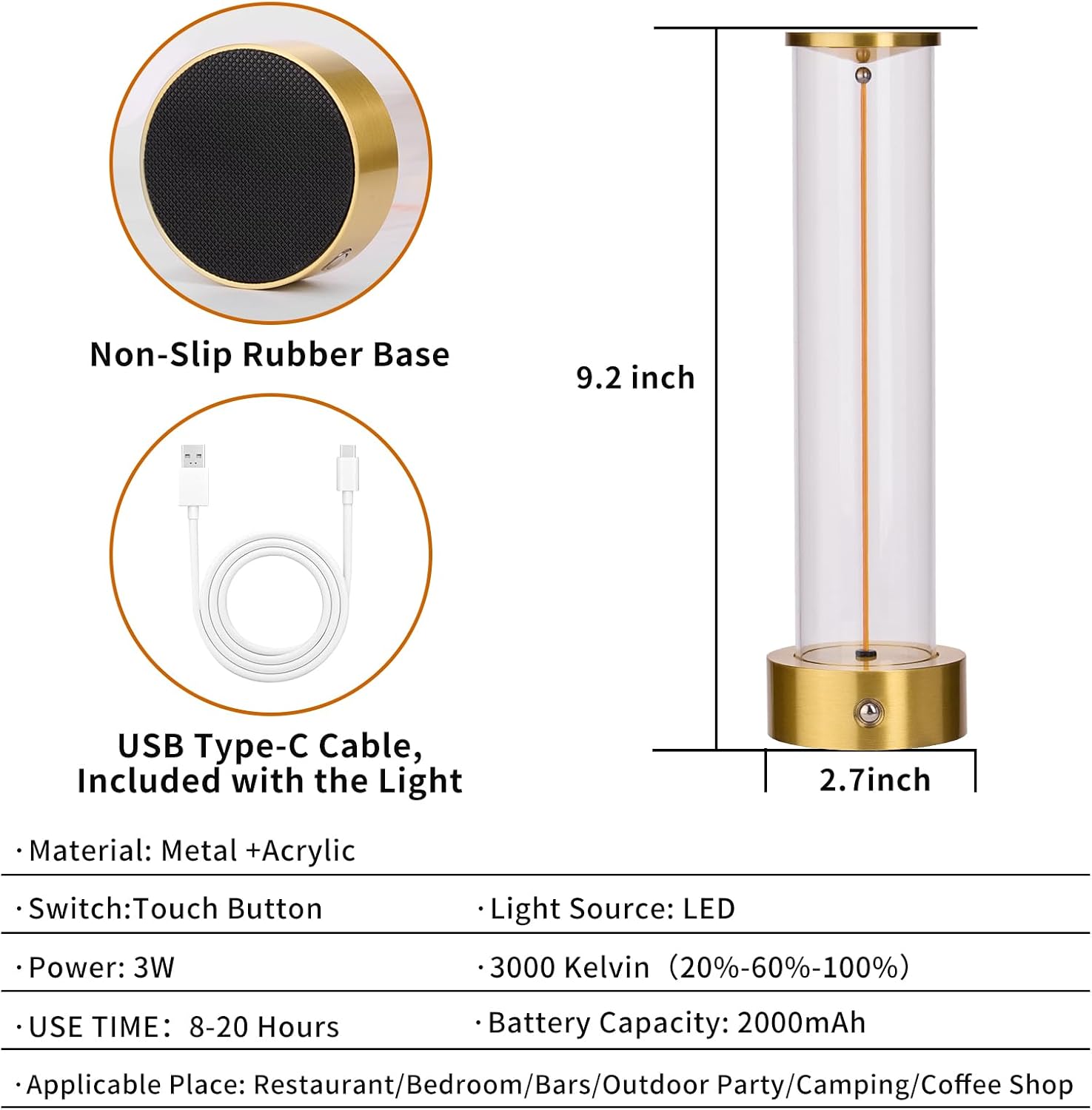 Rechargeable Cordless LED Orange Table Lamps Touch Sensor Light, 3-Levels Portable Dimming Wireless Battery Operated Lamp，Nightstand Lamp/Night Light/Restaurant Table/Outdoor/Coffee/Bar. (Yellow)
