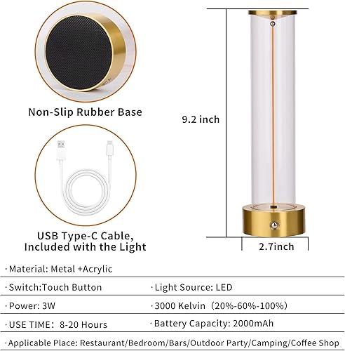 Miniatura 6 de Lámparas de mesa LED inalámbricas recargables con sensor táctil, 3 niveles de atenuación portátil, lámpara inalámbrica con pilas, lámpara de mesita