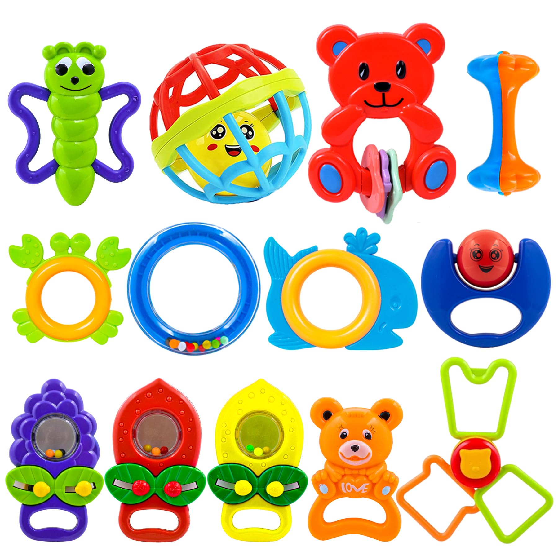 WISHKEY Plastic Colorful Non Toxic BPA Free Shake & Grab Rattles and Soothing Teethers for Babies & Infants, Early Age Toys for Kids (Pack of 13, Multicolor)