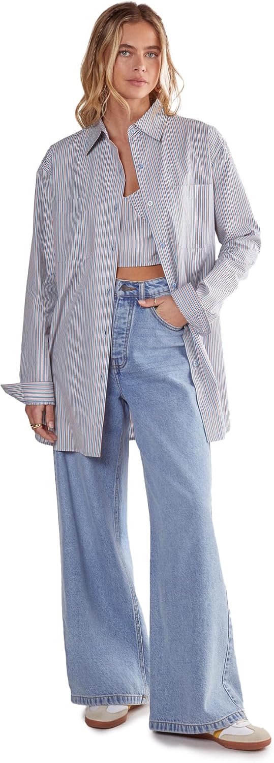 Nasty Gal Women's Cotton Stripe Bralet and Oversized Shirt Set