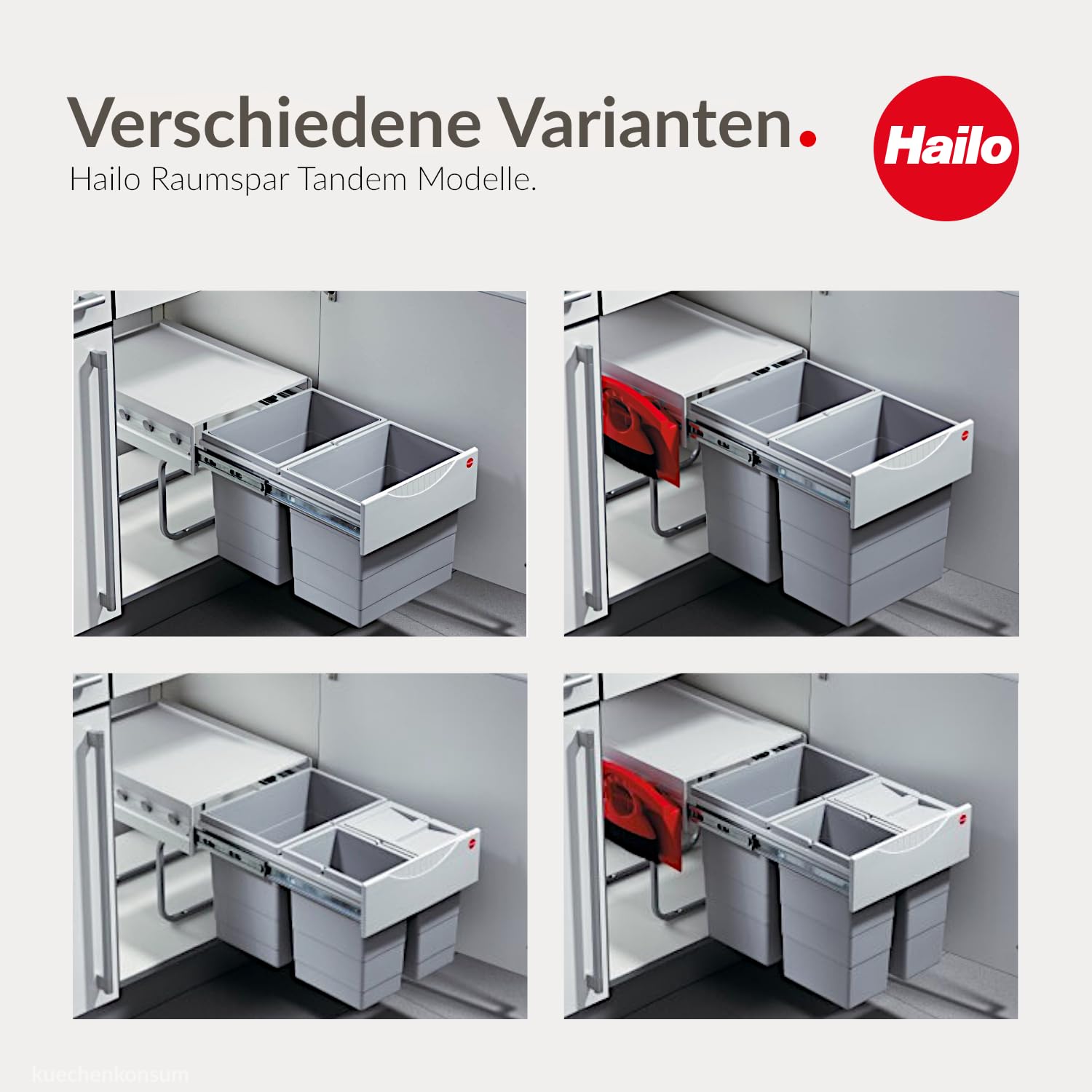 Hailo Abfallsammler 3641221 | TR Swing Raumspar-Tandem-H | Einbaumülleimer 2x 20 Liter | Abfalltrennsystem ab 40er Unterschrank | Vollauszug per Hand | Platzsparender Mülleimer für die Küche