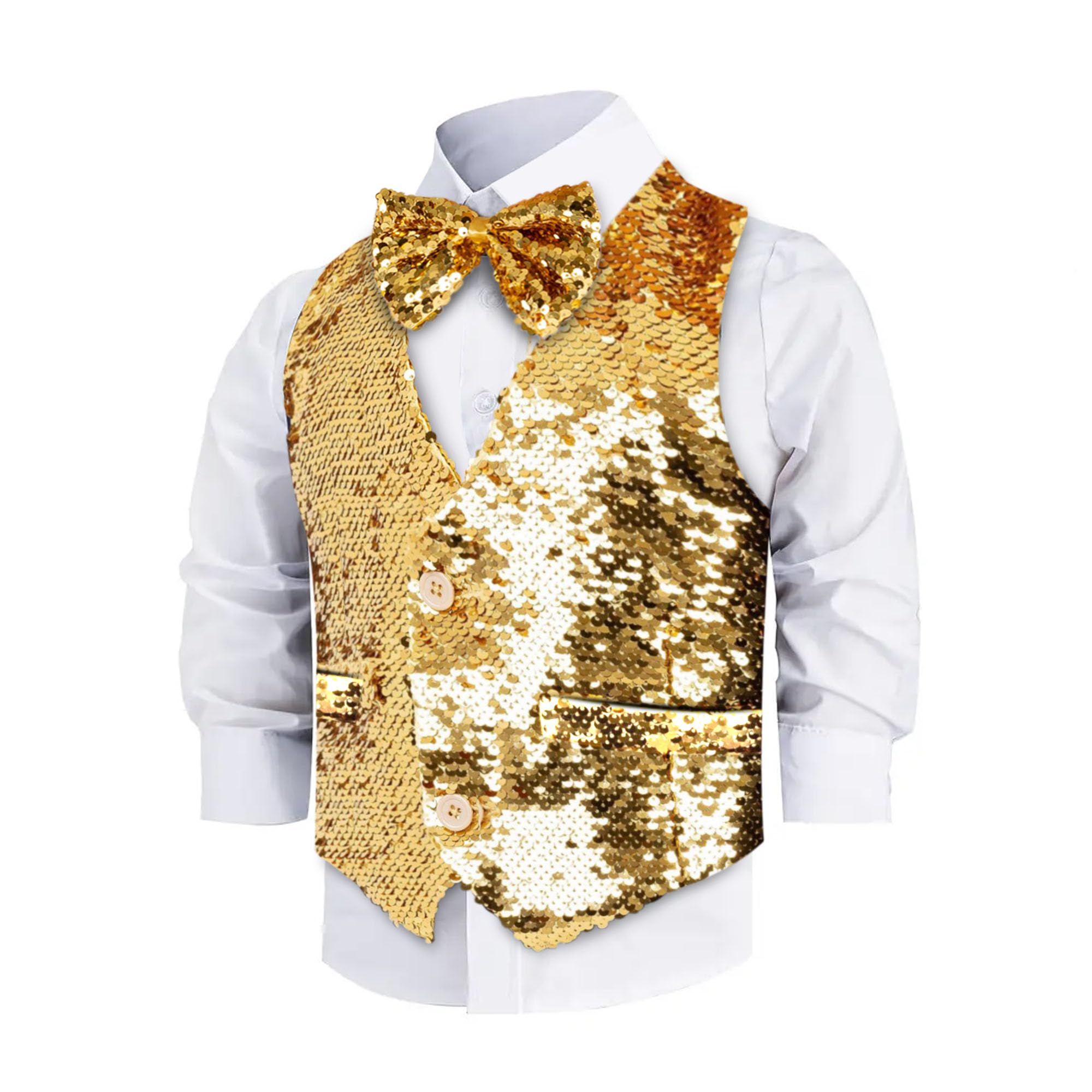 Dress Up America Sequin Vest with Bowtie - Gold Sparkly Vest for Boys - Costume Dress Up Party Sequin Waistcoat for Kids - Boys Glitter Coat