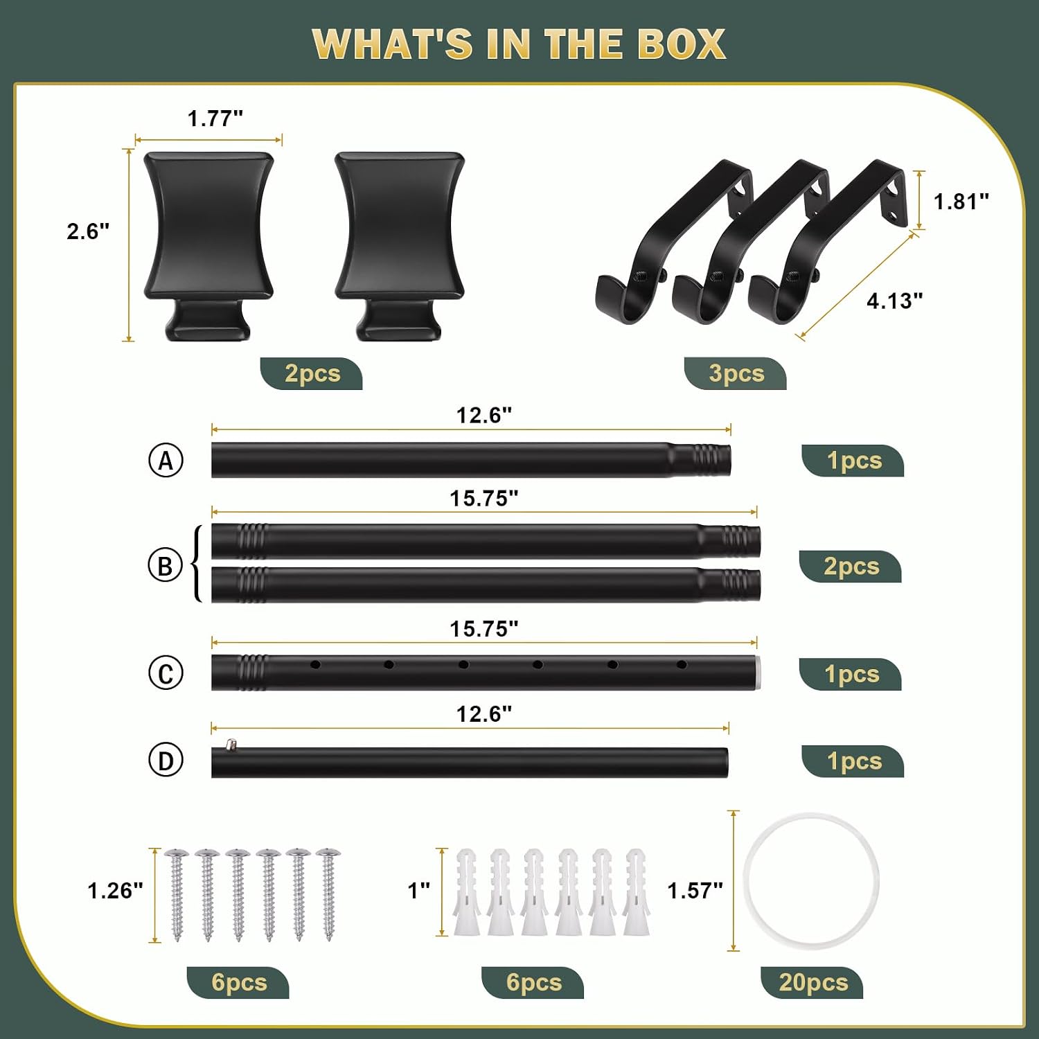 Curtain Rods for Windows 30 to 65 Inches, Matte Black Decorative 1 Inch Diameter Heavy Duty Adjustable Curtain Rod, Simple Square Finial, 1 Pack