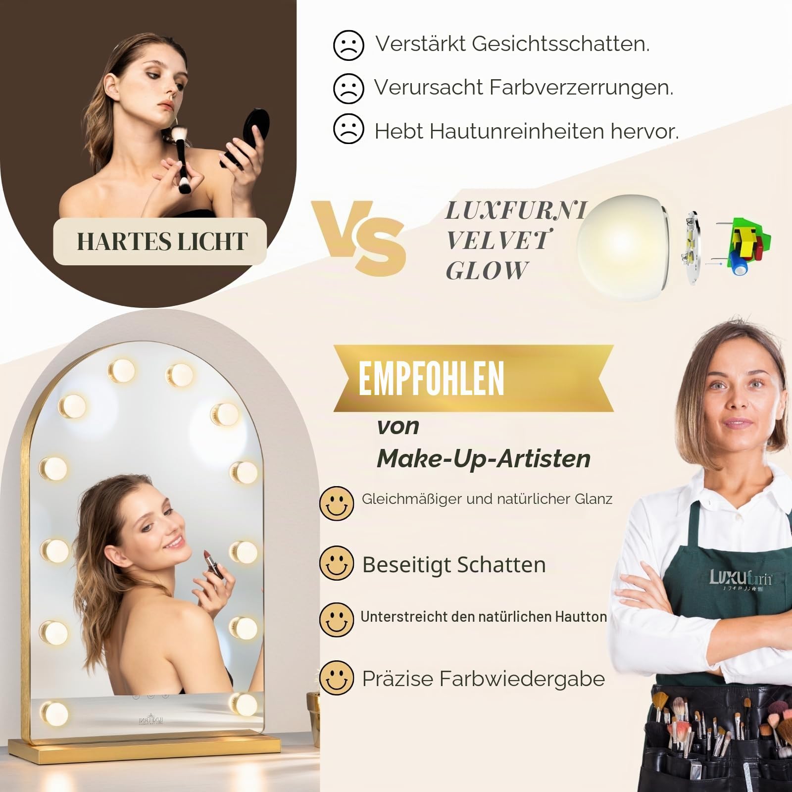 LUXFURNI Hollywood‑Bogen‑Schminkspiegel mit LED‑Beleuchtung, 62,3 cm