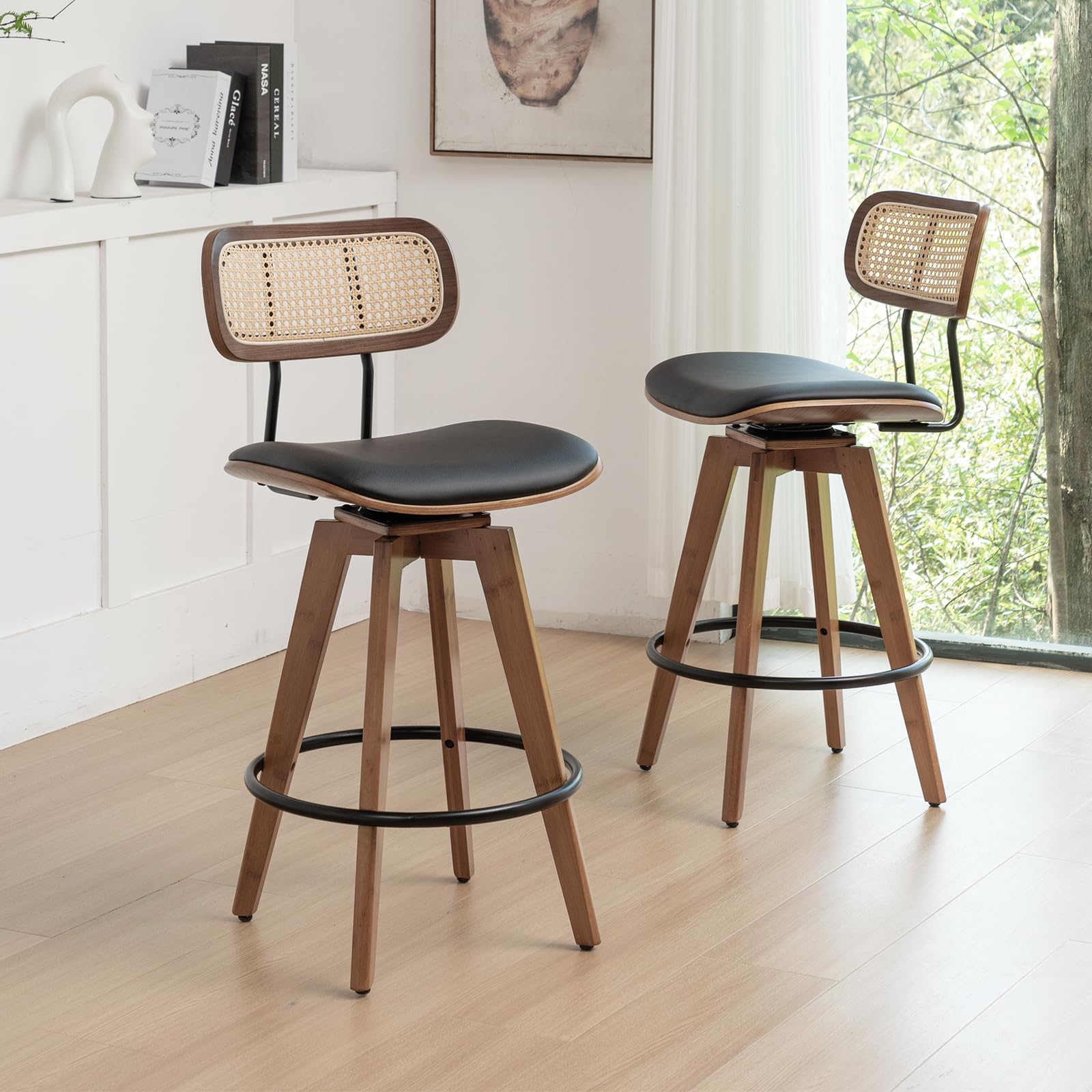 26" Rattan Bar Stools Set of 2, Faux Leather Counter Height Swivel Barstools with Rattan Backrest/Wooden Legs,Armless Mid Century Modern Bar Chairs for Kitchen/Dining Room/Bar Chairs,Black PU