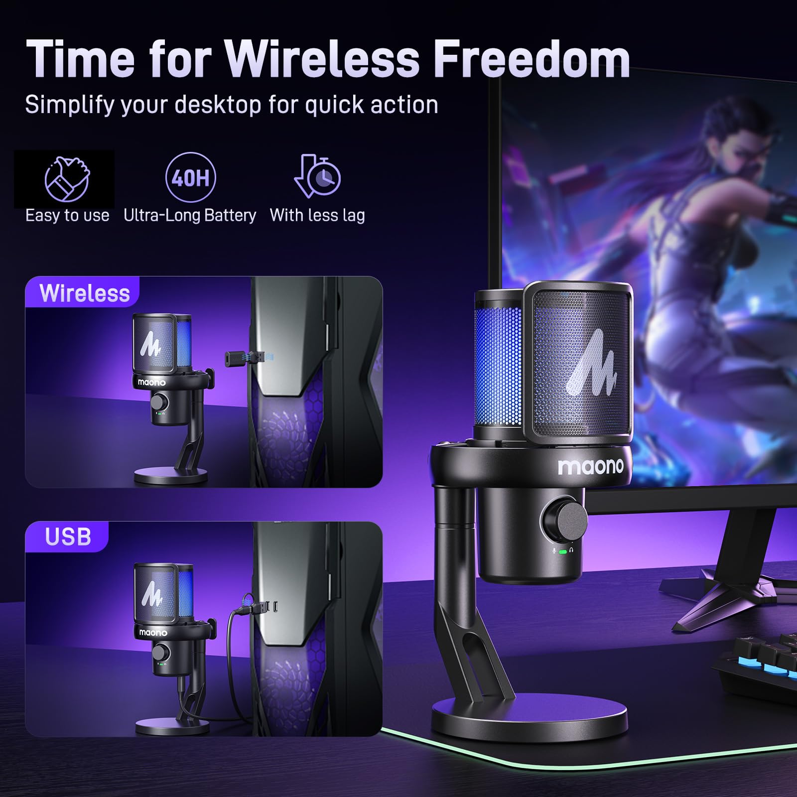 MAONO Microfoon Draadloos voor PC, USB-microfoon met software AI-spraakverandering, Driëniveau ruisonderdrukking, Aangepast RGB-licht, Dempen, voor gaming, podcasting, streaming, opname, DM40 Pro Wit MAONO Microfoon Draadloos voor PC, USB-microfoon met software AI-spraakverandering, Driëniveau ruisonderdrukking, Aangepast RGB-licht, Dempen, voor gaming, podcasting, streaming, opname, DM40 Pro Wit