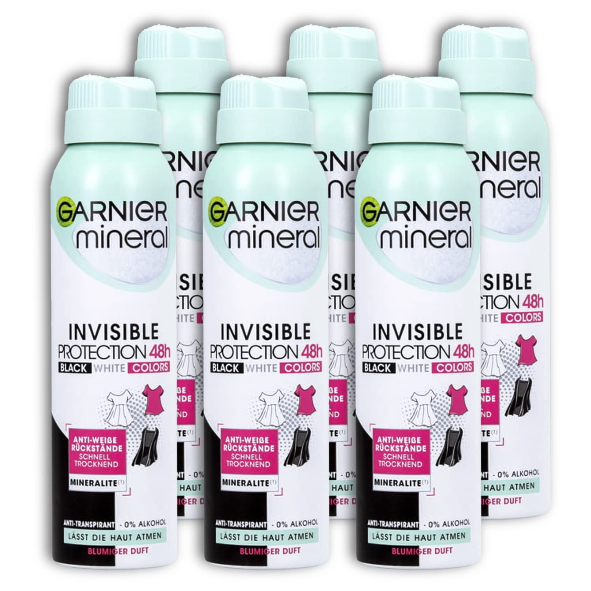 6 er Pack Garnier Mineral Deospray Invisible Protection 48H Black, White & Colors 6 x 150 m l Deodorant