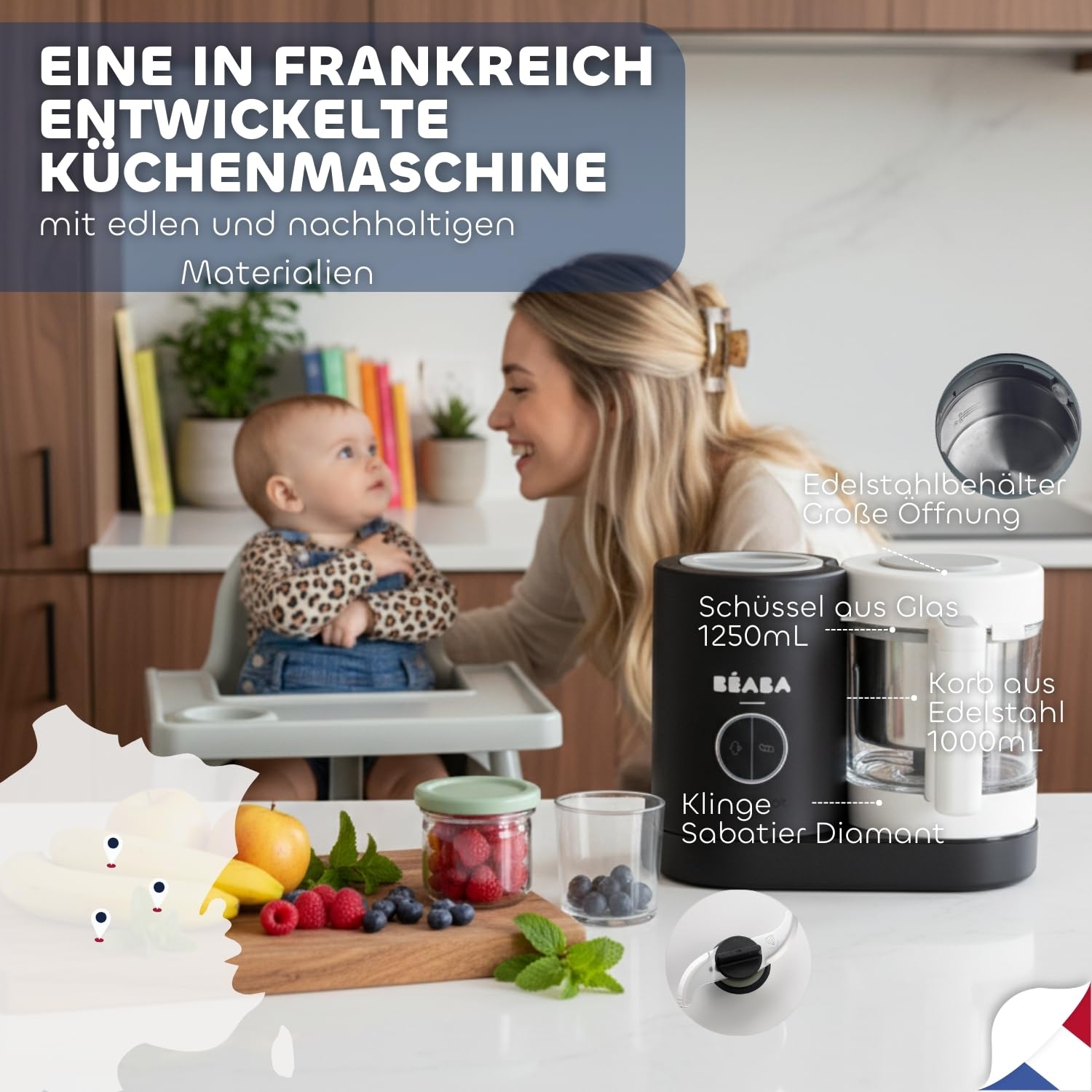 BÉABA Babycook Néo 6-in-1 Babynahrungszubereiter Dampfgarer Mixer Glas-Schüssel Edelstahl-Behälter Schwarz