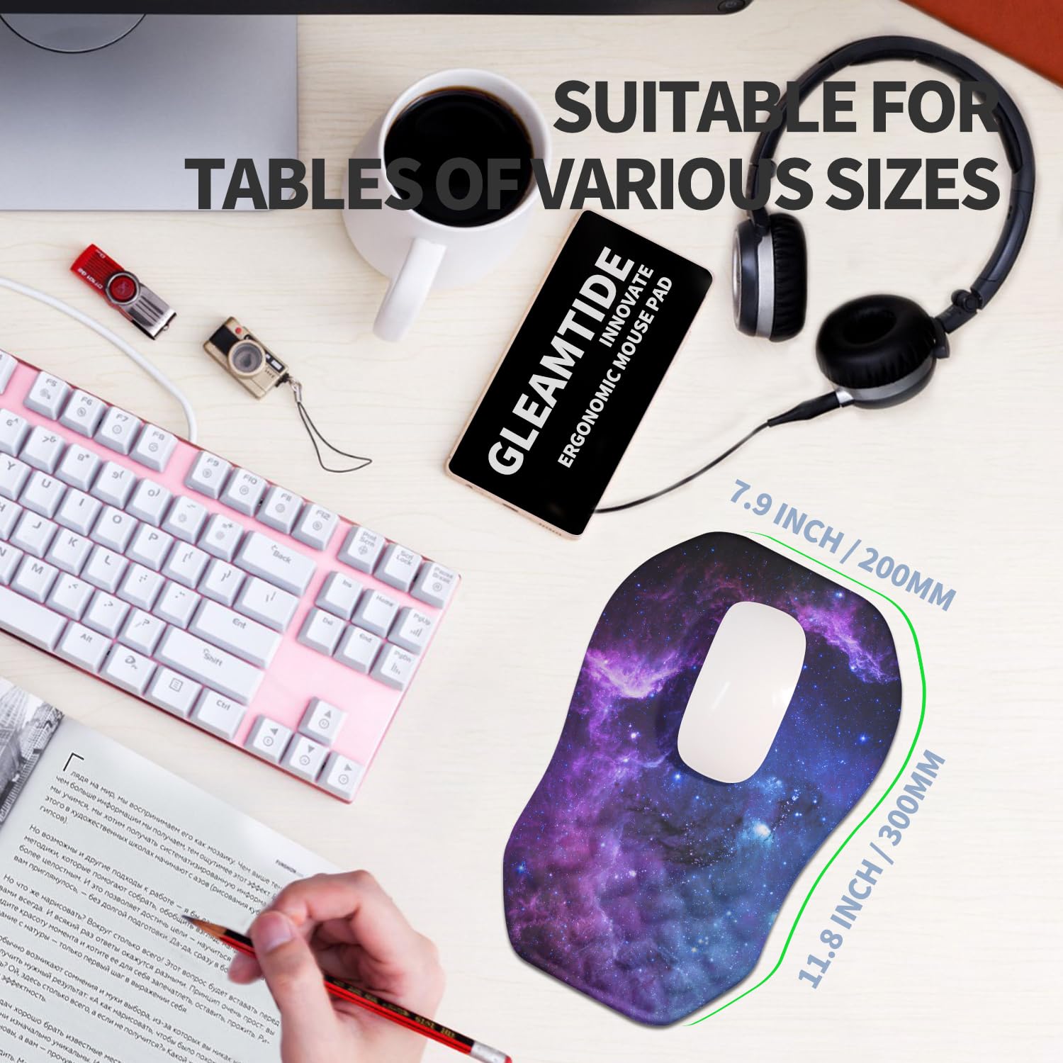 Tappetino per mouse ergonomico rialzato, supporto per il polso con pendenza bilaterale in memory foam, per poggiapolsi e tunnel carpale, sollievo dal dolore, 30 x 18 cm, Galaxy