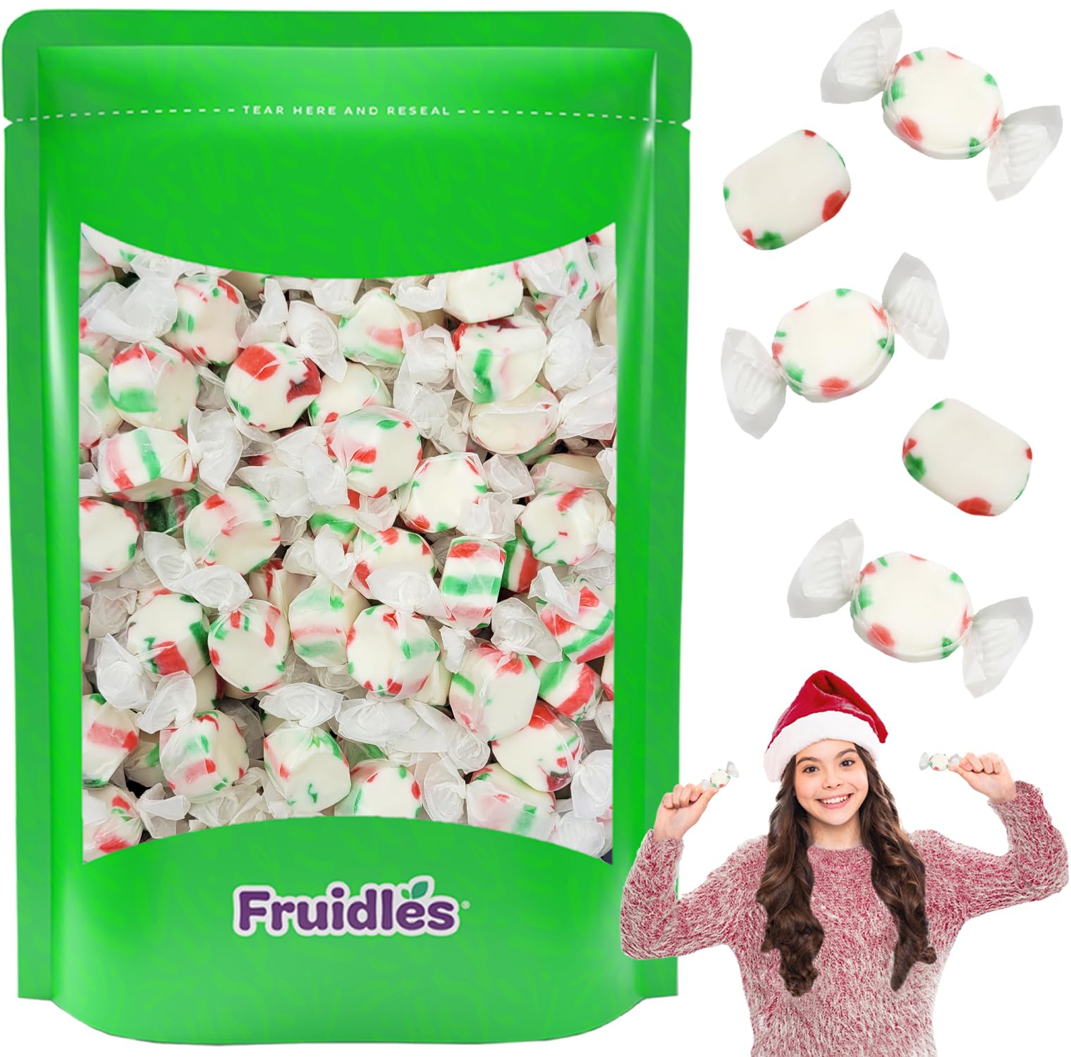 Fruidles Christmas Sweet Taffy, Red, Green & White, Mixed Fruit Flavor, Kosher Parve Dairy, Individually Wrapped Taffy (Half-Pound)