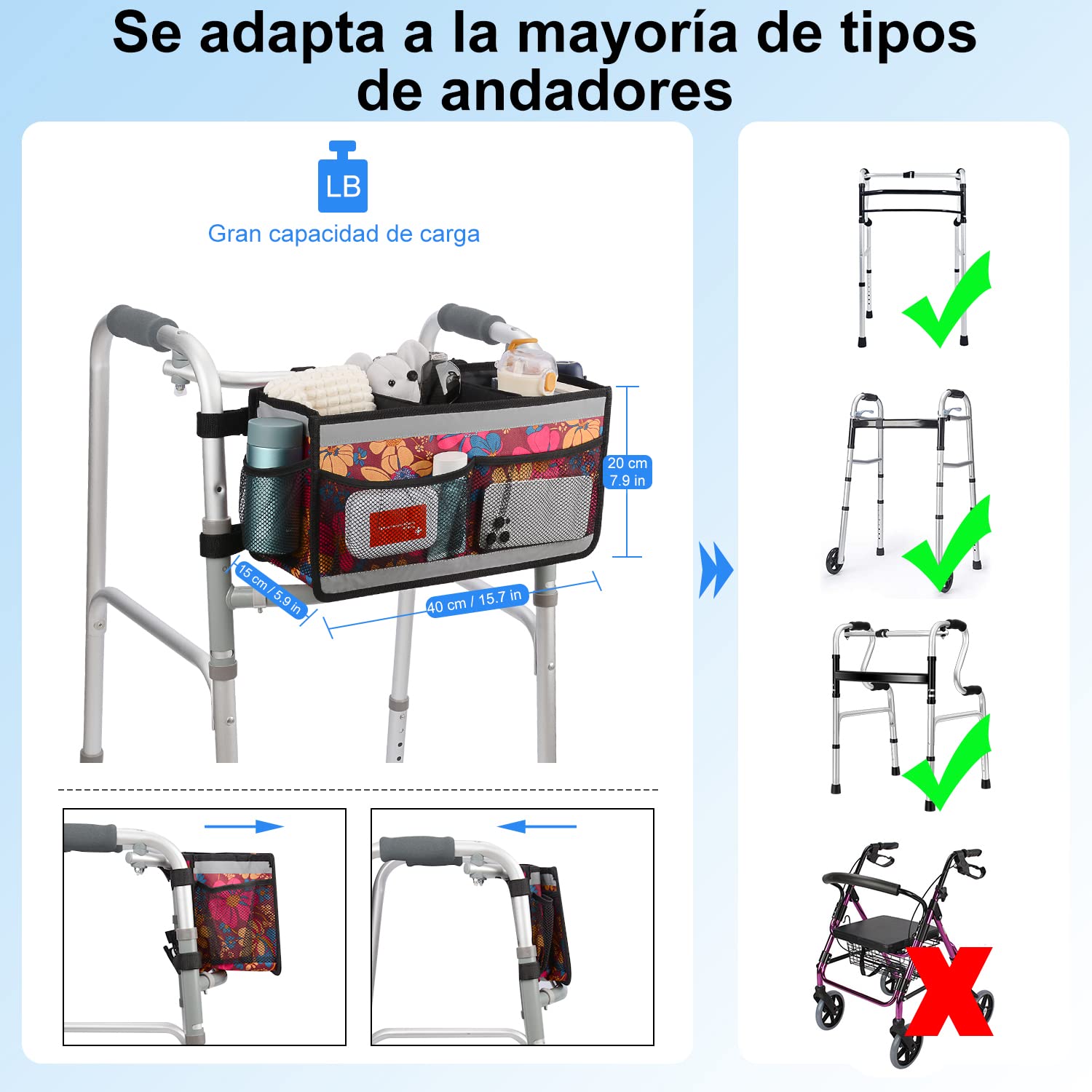supregear Cesta de Andador, Bolsa Organizadora Walker de Gran Capacidad con 4 Malla Bolsillos y Bolsa de Almacenamiento de Diseño Gancho y Bucle de Raya Reflectante para Accesorios de Walker Carry