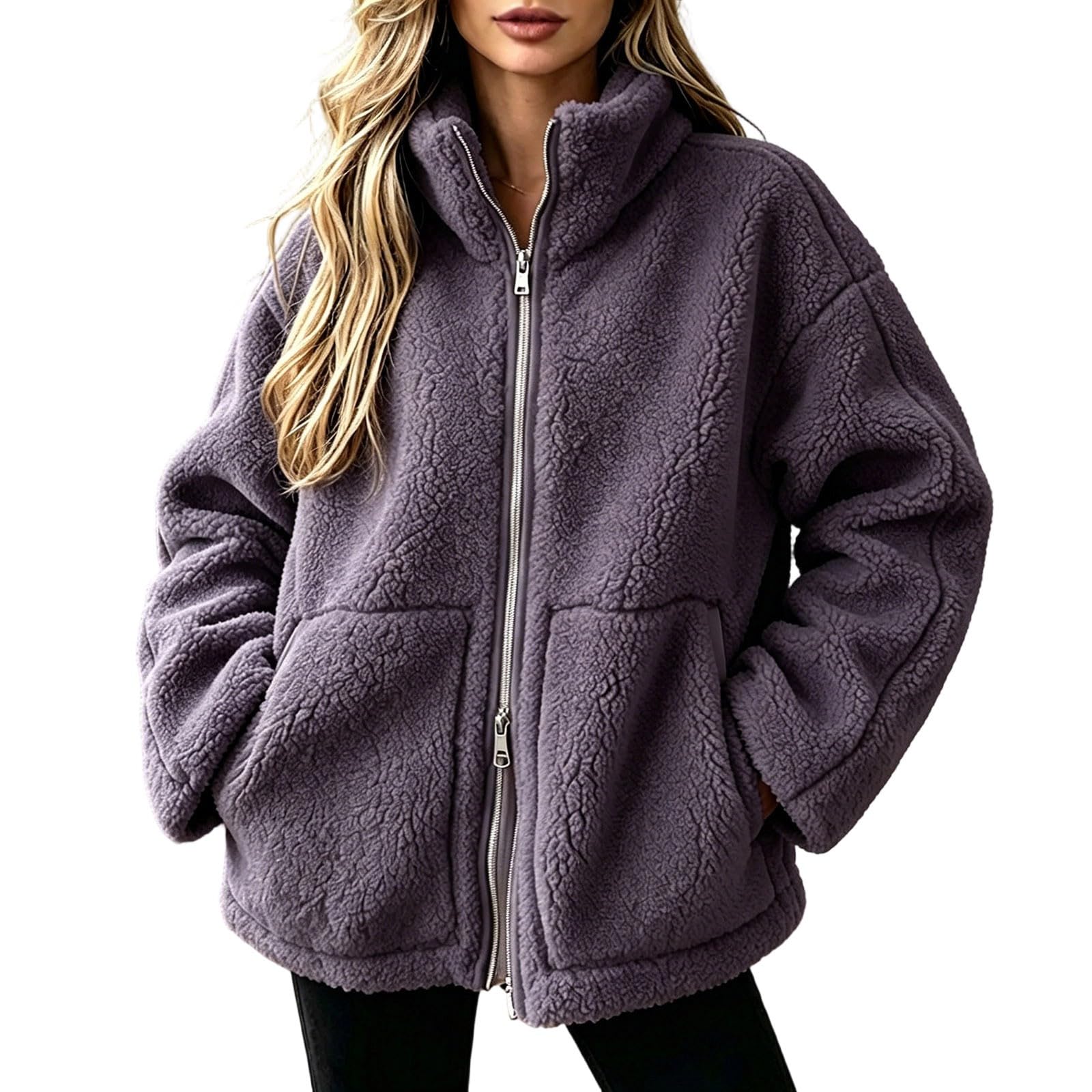 Generisch Teddyjacke Damen mit Kapuze, Fleecejacke Damen Einfarbig Fleece Jacke Reißverschluss Oversize Winterjacke für Herbst Winter