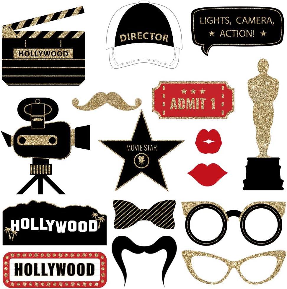 Fully Assembled Hollywood Photo Booth Props - Set of 30 - Black Gold Red Selfie Signs - Movie Night Themed Party Supplies & Decorations - Cute Oscars Designs with Real Glitter - Did We Mention No DIY