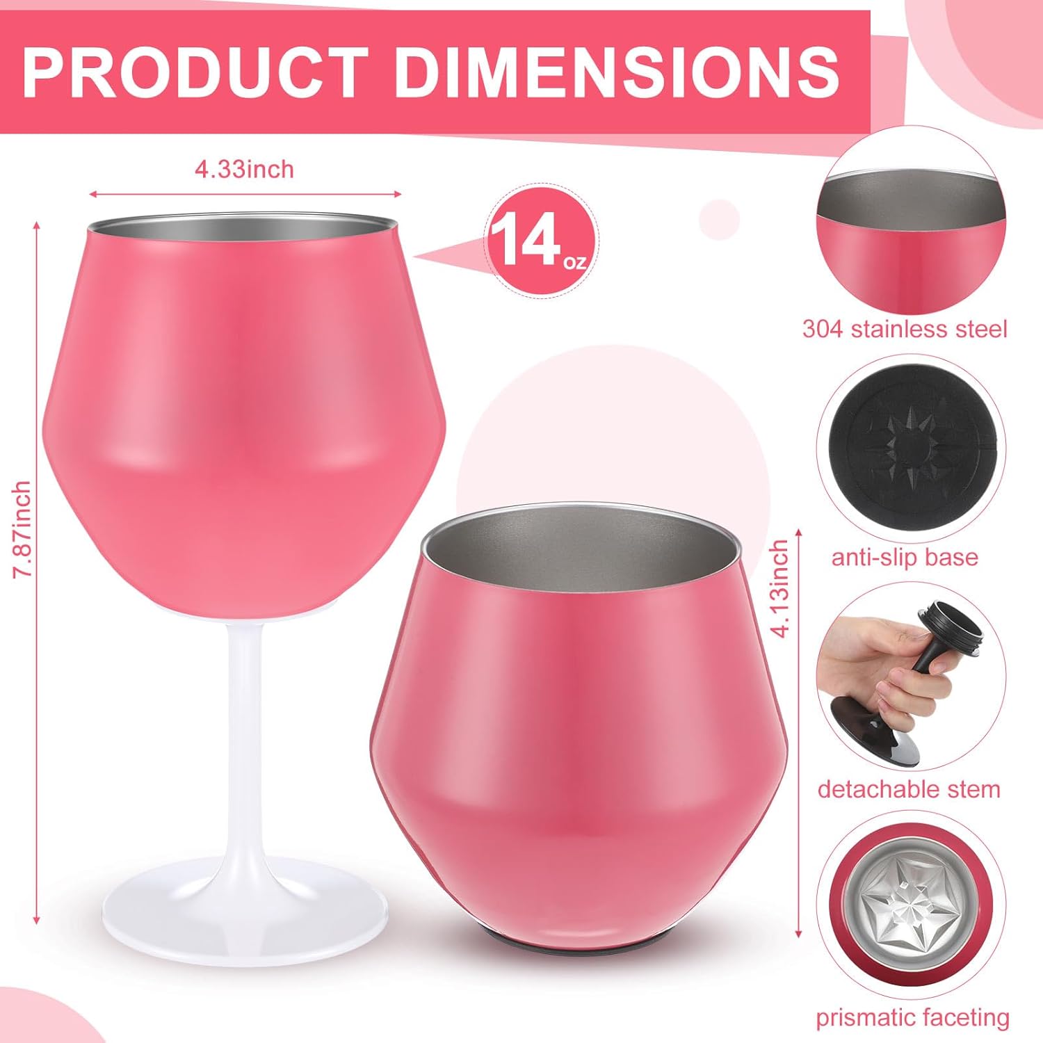 4 Pcs Stainless Steel Wine Glasses, 14 oz Insulated Wine Tumbler Goblets with Detachable Stem Double-layer Insulation Cup for Party Travel Home Gift (Black,White,Pink,Green) - Image 2